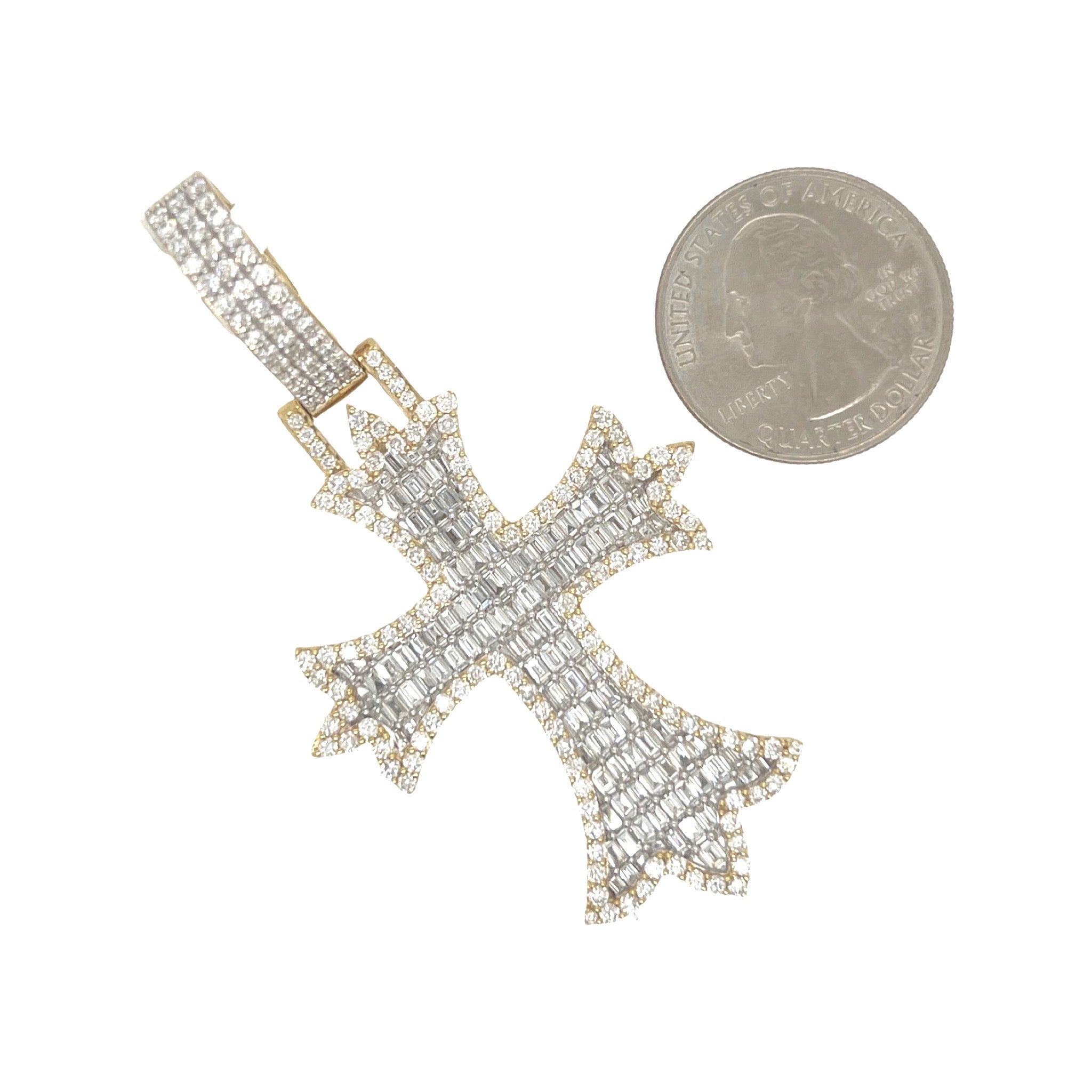 10K Yellow Gold Designer Emerald VS Diamond Cross Pendant 5.25 CT 2.8"