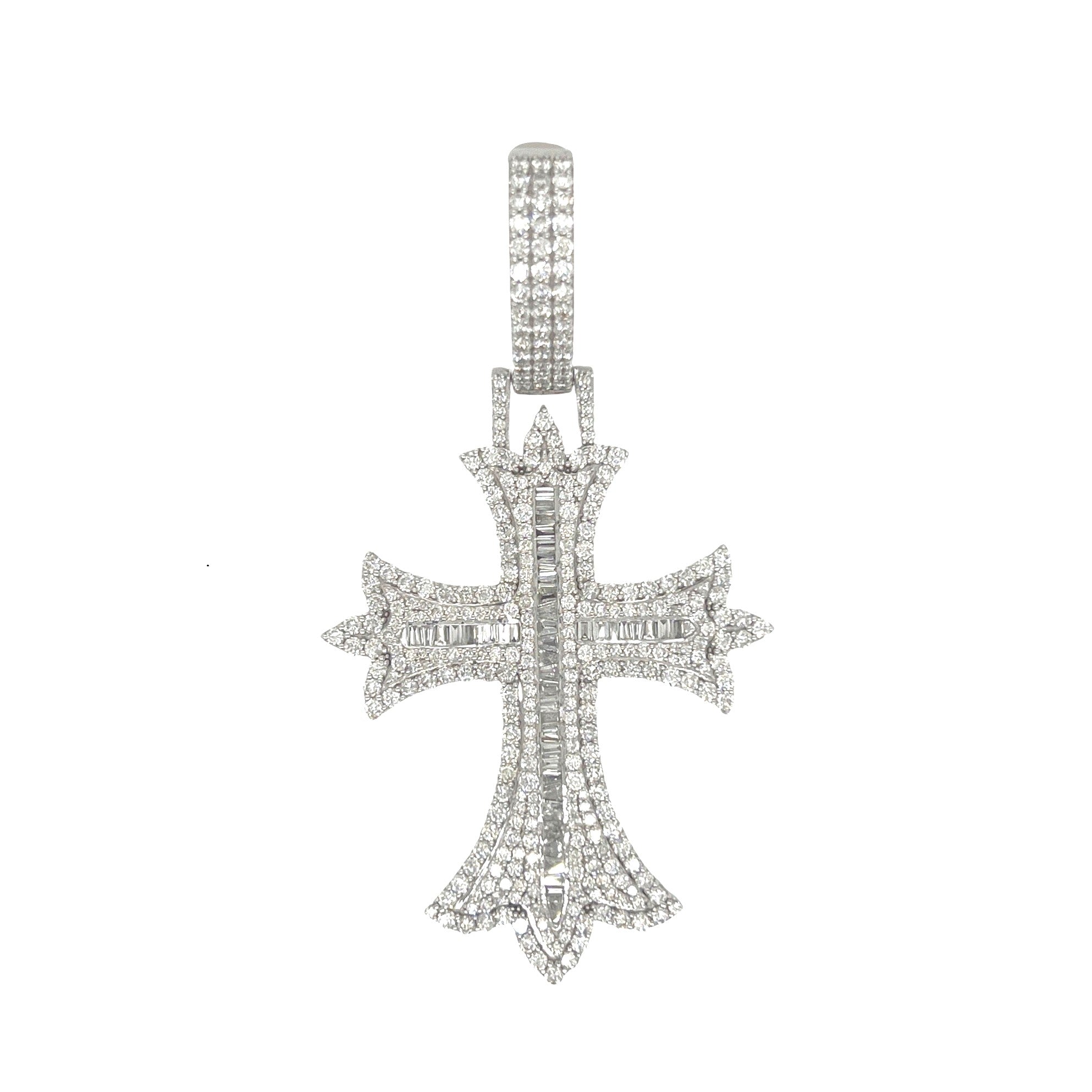 10K White Gold Designer Baguette Diamond Cross Pendant 5.01 CT 2.8"