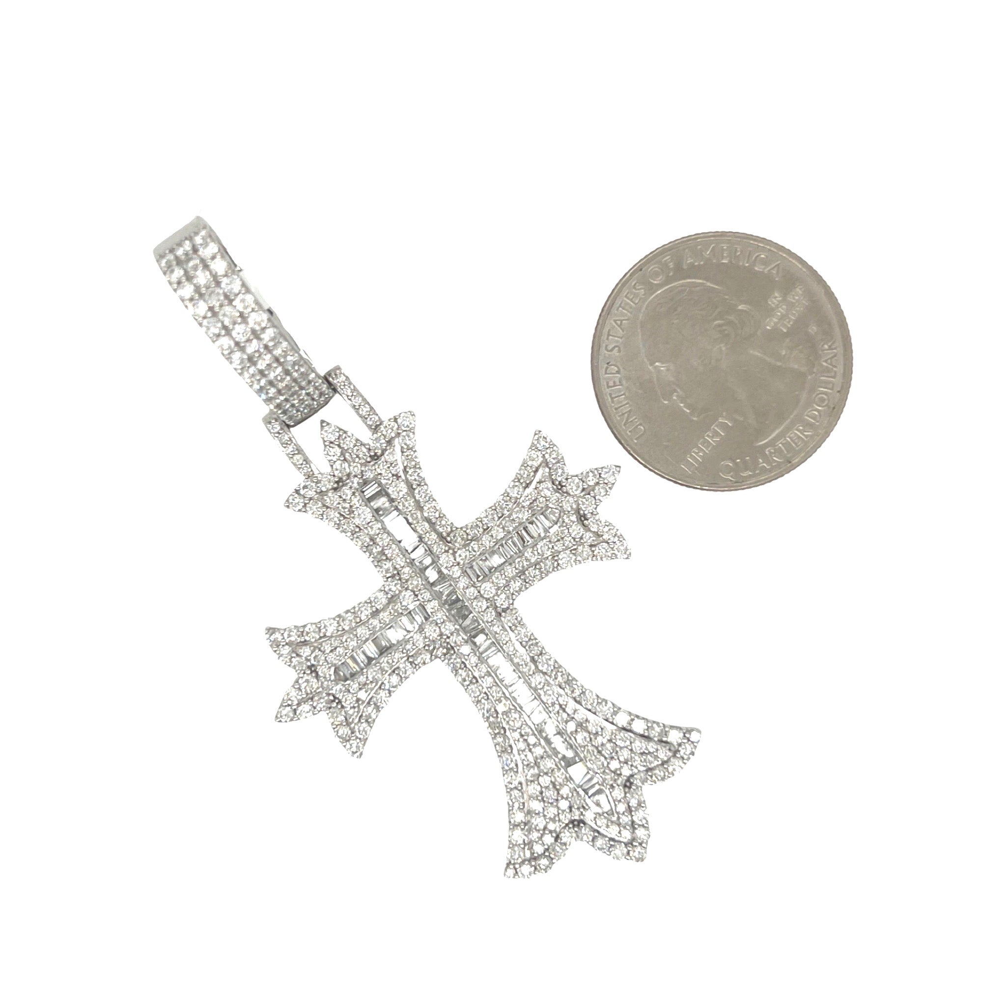 10K White Gold Designer Baguette Diamond Cross Pendant 5.01 CT 2.8"