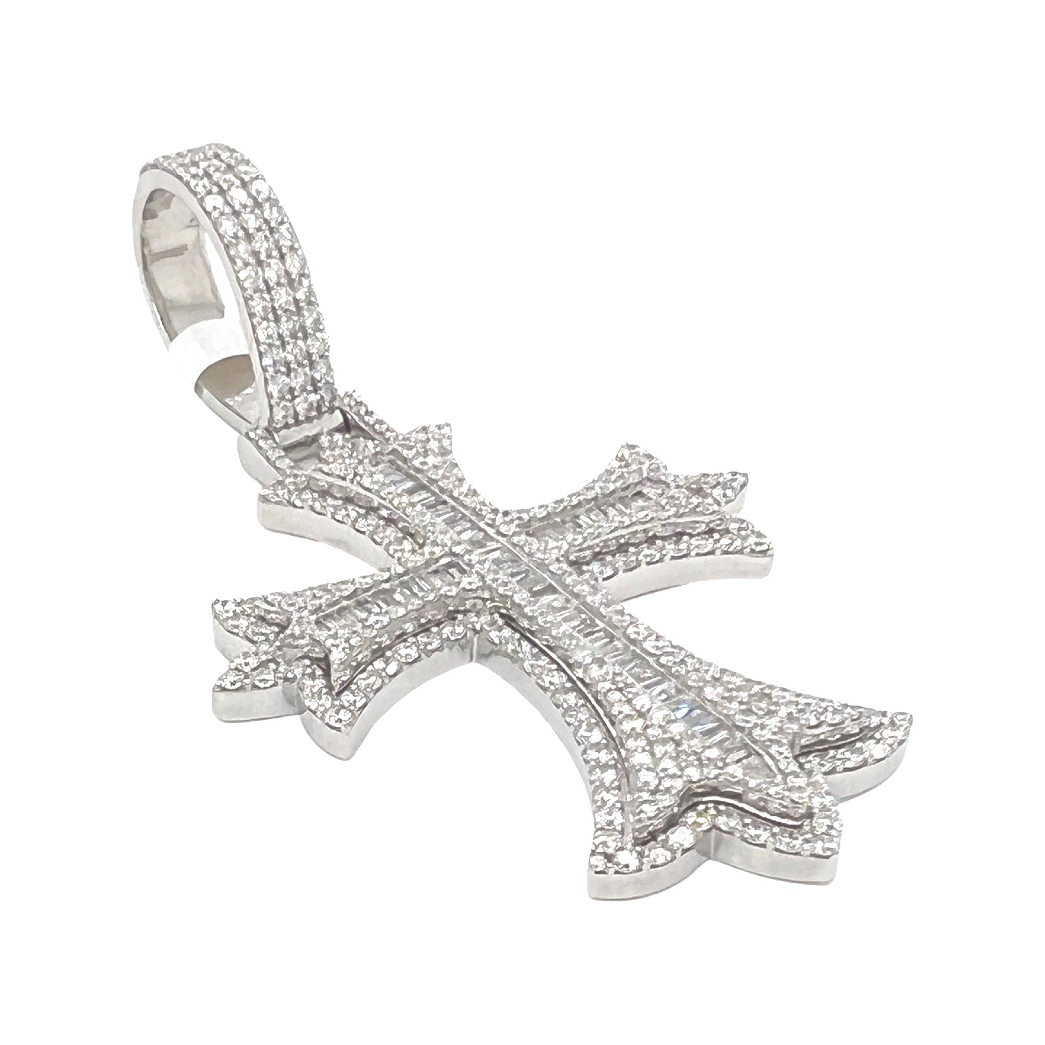 10K White Gold Designer Baguette Diamond Cross Pendant 5.01 CT 2.8"