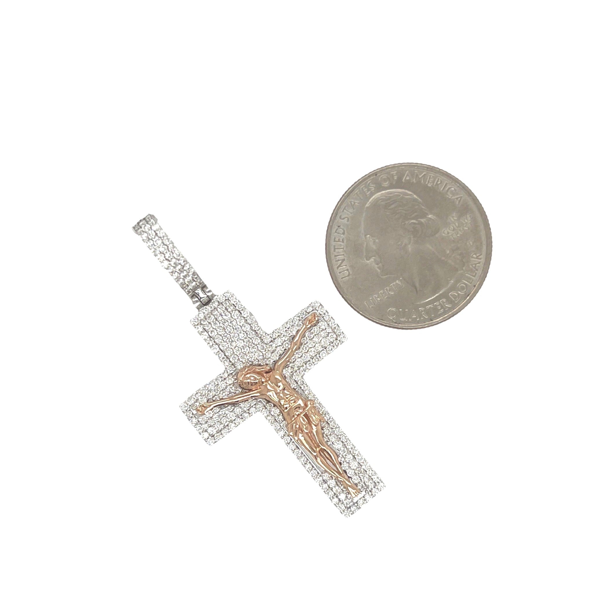 10K Two-Tone Gold Crucifix Diamond Cross Pendant 1.5 CT 2"