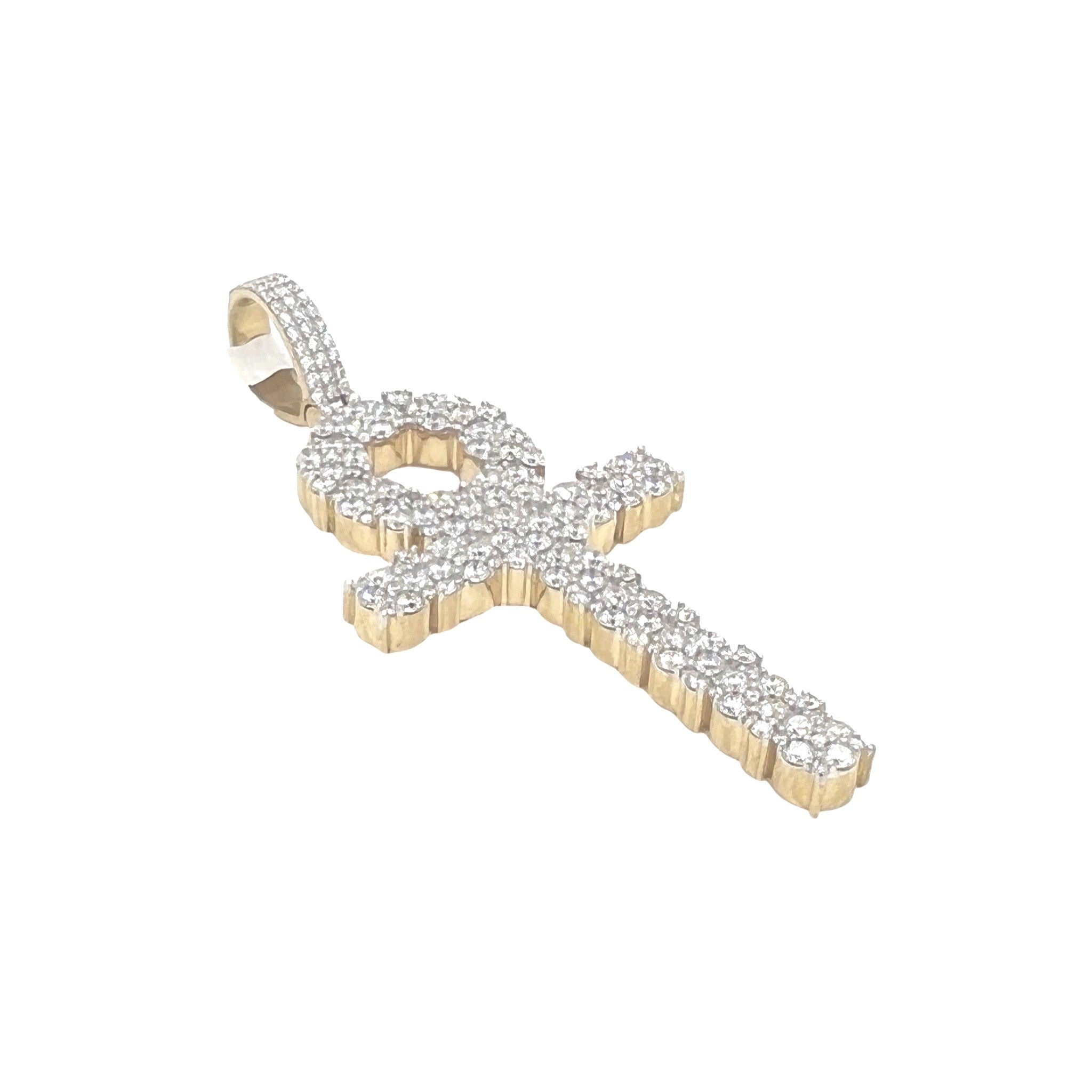 10K Yellow Gold Egyptian Ankh Diamond Cross Pendant 3.98 CT 2.75"