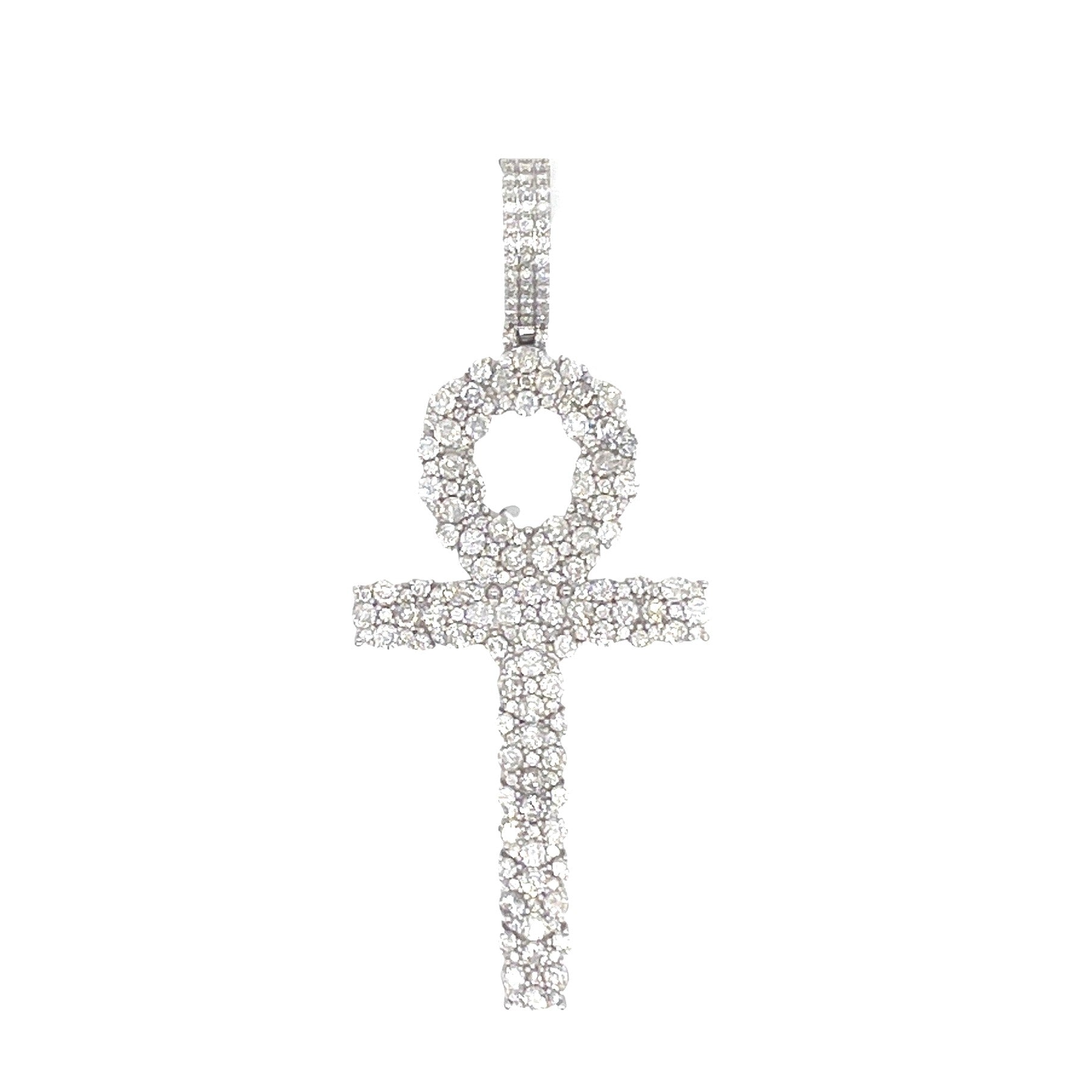 10K White Gold Egyptian Ankh Diamond Cross Pendant 4.04 CT 2.75"