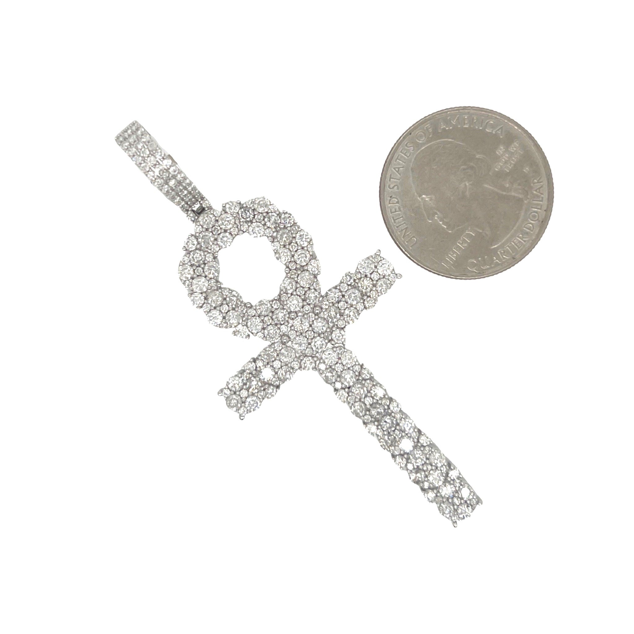 10K White Gold Egyptian Ankh Diamond Cross Pendant 4.04 CT 2.75"