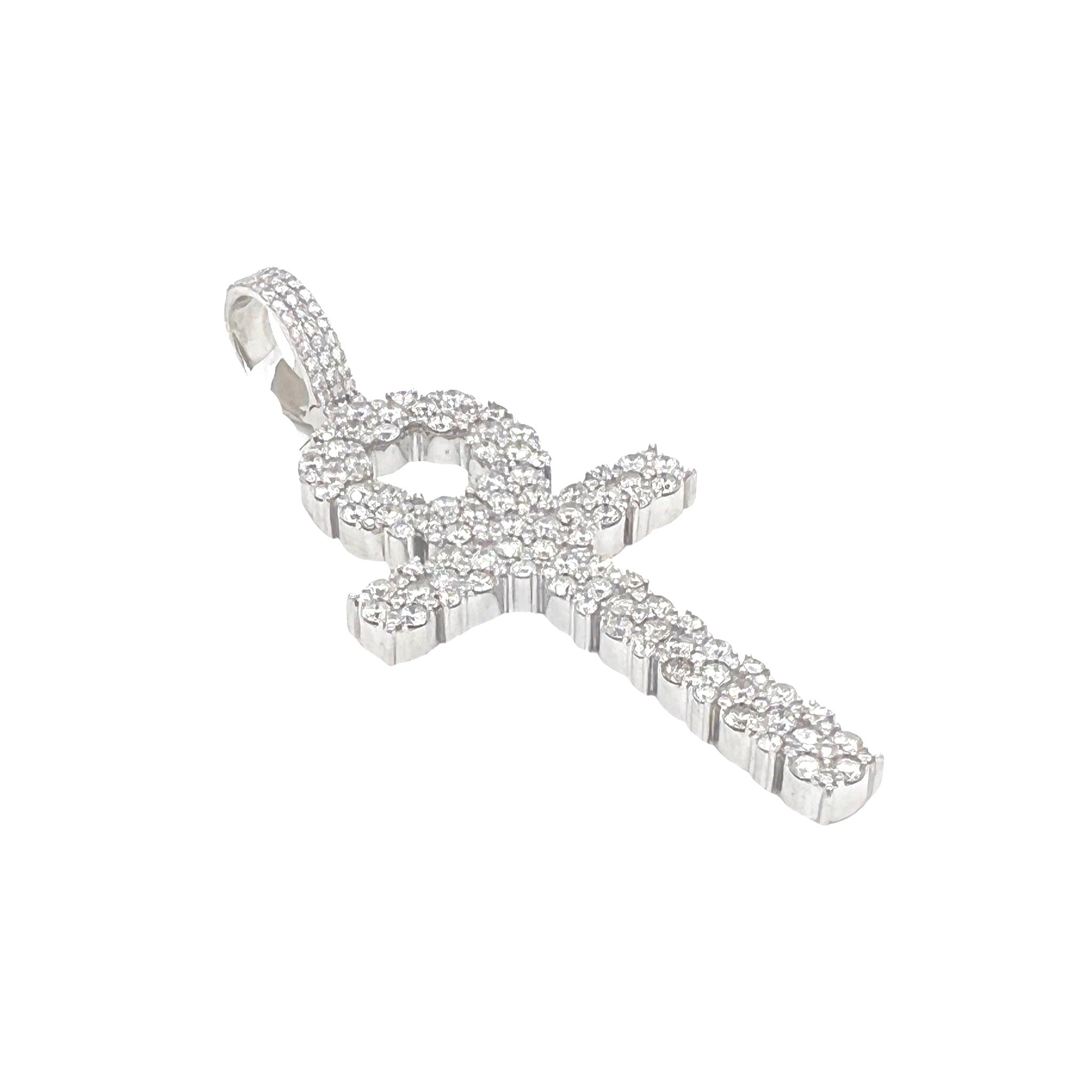 10K White Gold Egyptian Ankh Diamond Cross Pendant 4.04 CT 2.75"