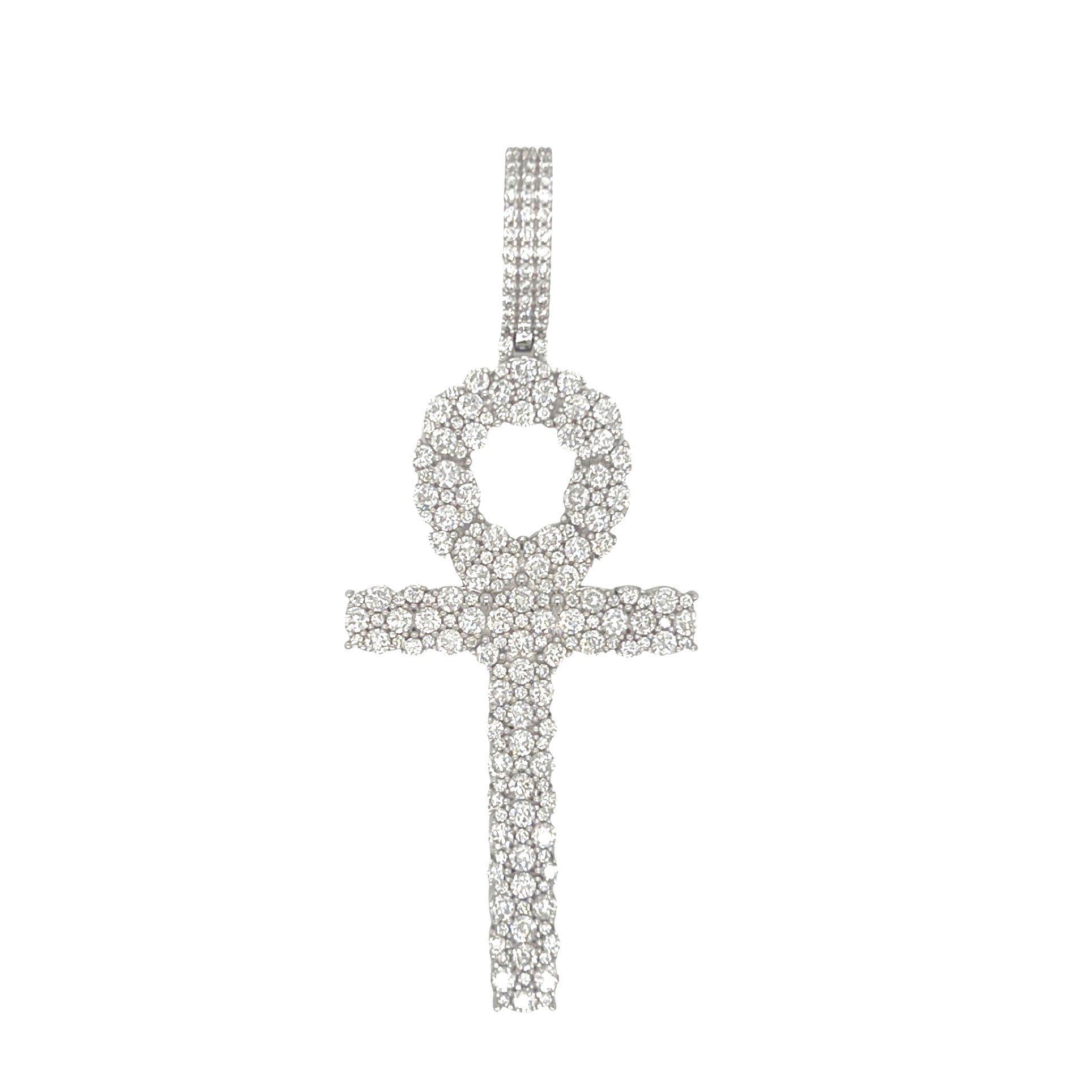 10K White Gold Egyptian Ankh Diamond Cross Pendant 2.47 CT 2.4"