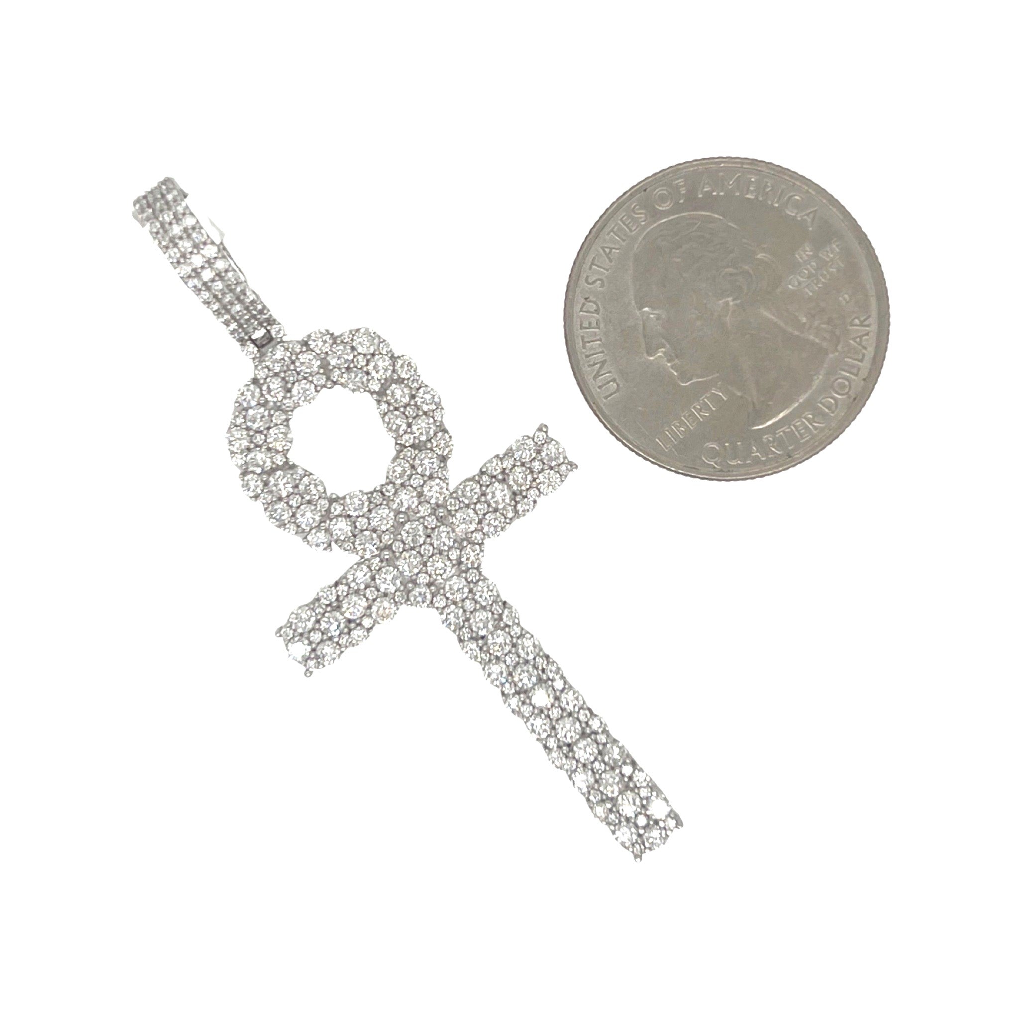 10K White Gold Egyptian Ankh Diamond Cross Pendant 2.47 CT 2.4"