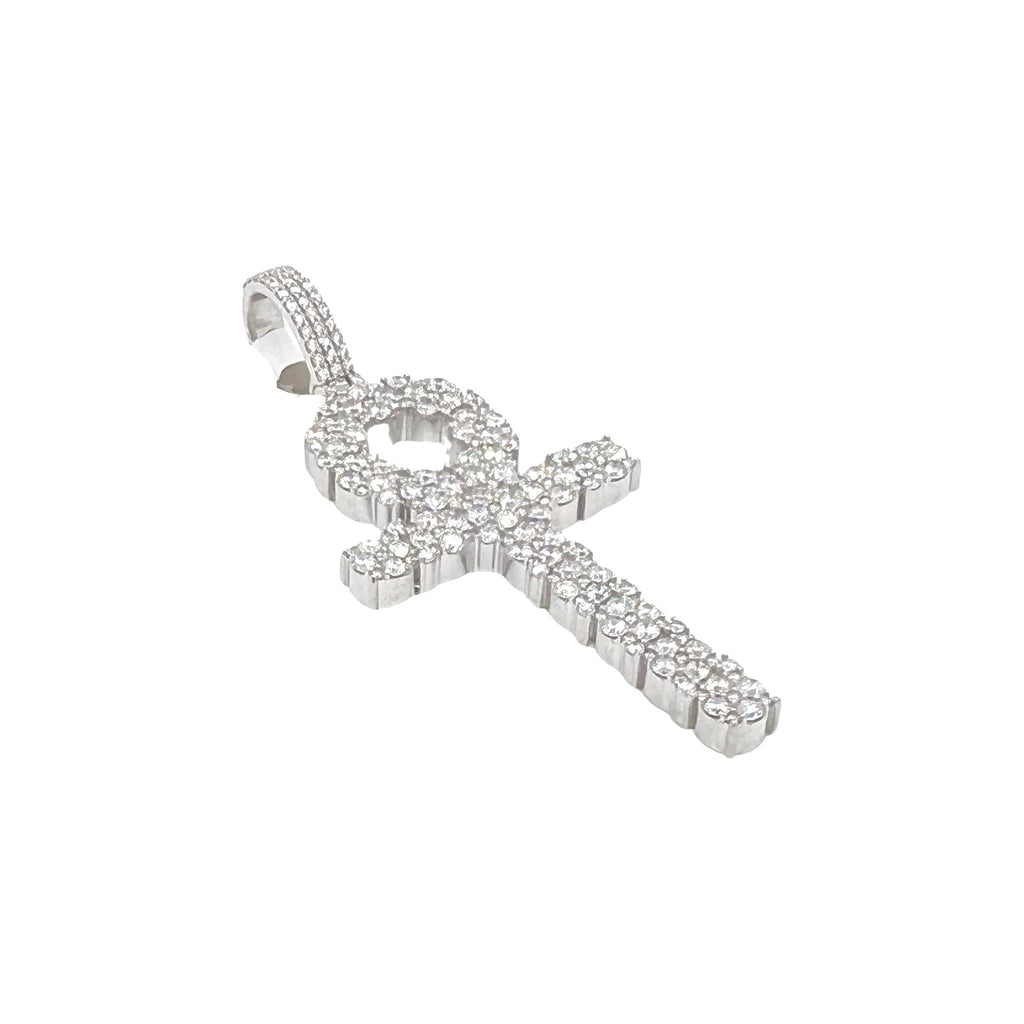 10K White Gold Egyptian Ankh Diamond Cross Pendant 2.47 CT 2.4"