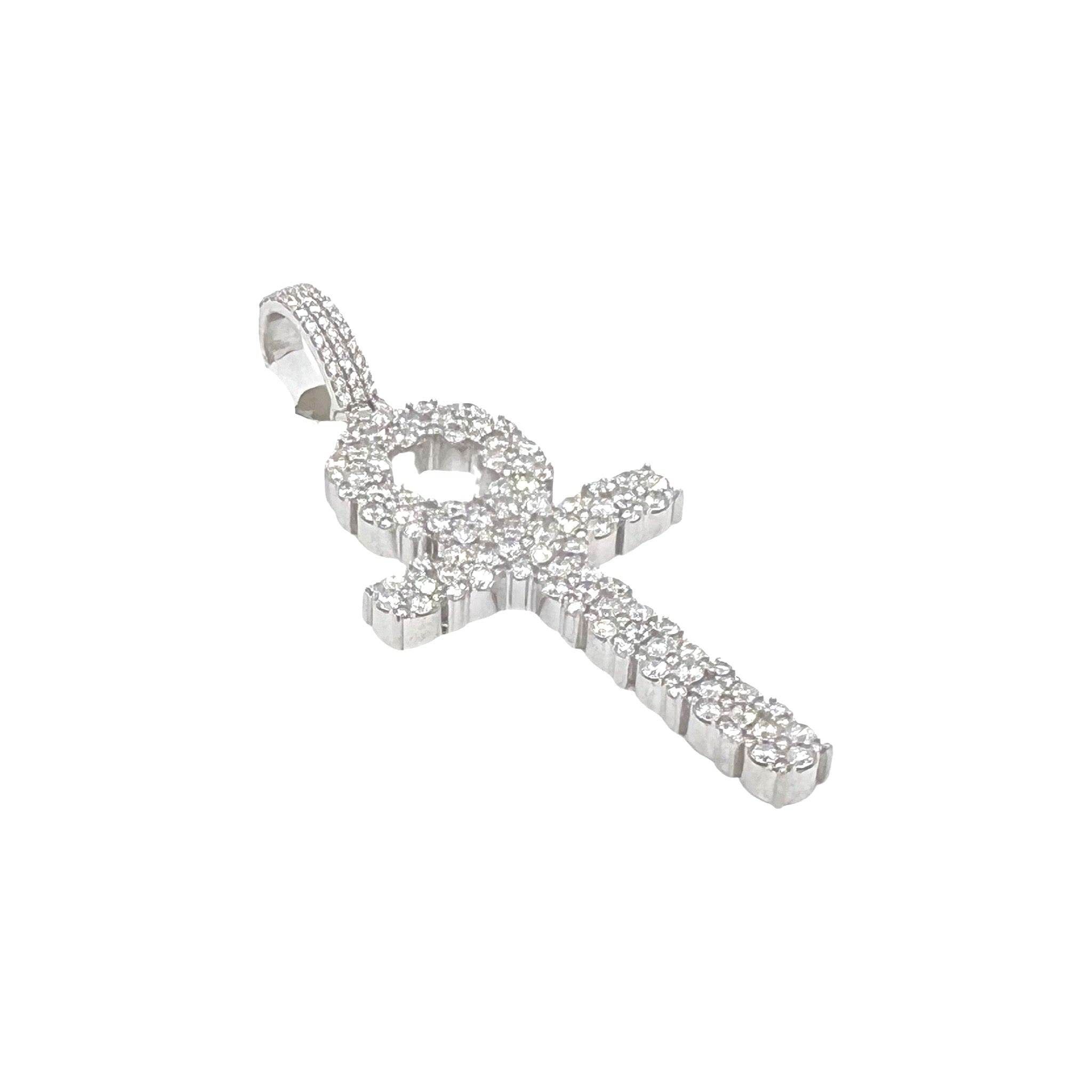 10K White Gold Egyptian Ankh Diamond Cross Pendant 2.47 CT 2.4"