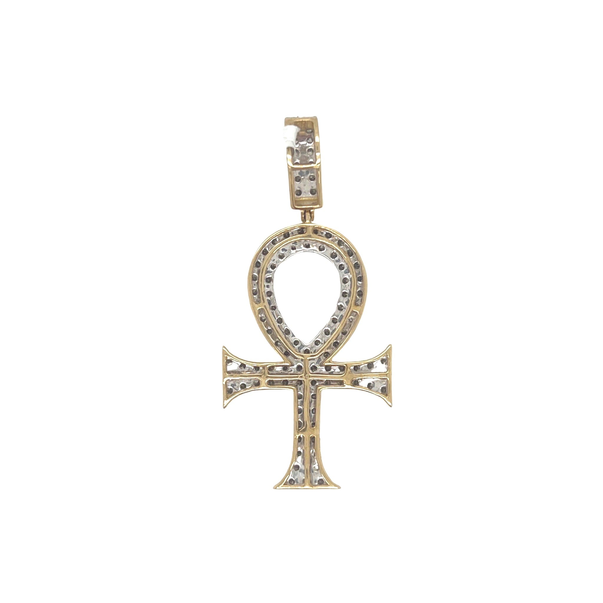10K Yellow Gold Egyptian Ankh Diamond Cross Pendant 2.6 CT 2"