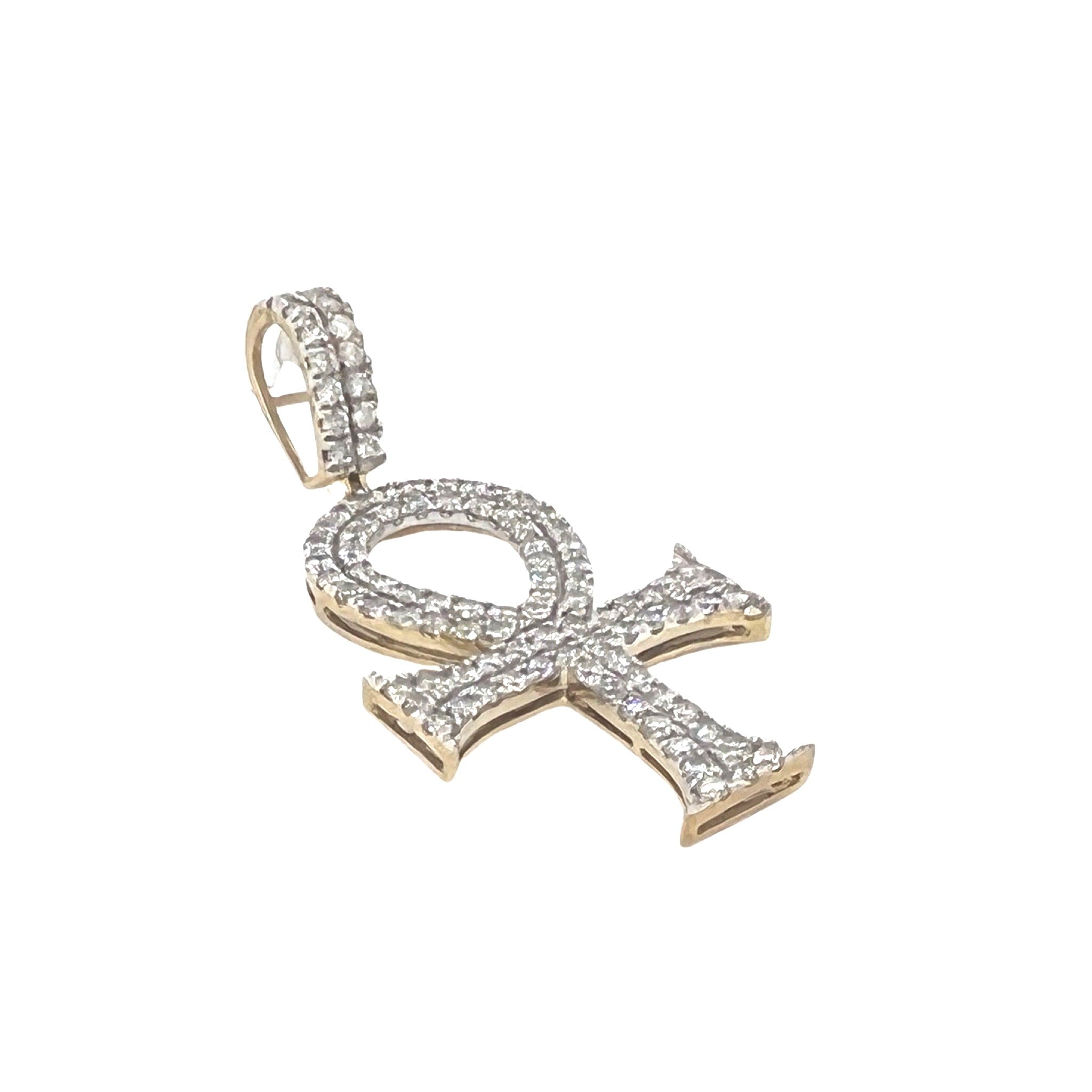 10K Yellow Gold Egyptian Ankh Diamond Cross Pendant 2.6 CT 2"