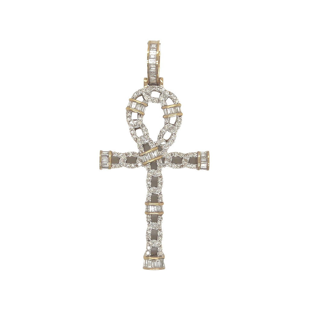 10K Yellow Gold Egyptian Ankh Baguette Diamond Cross Pendant 2.0 CT 2.6"