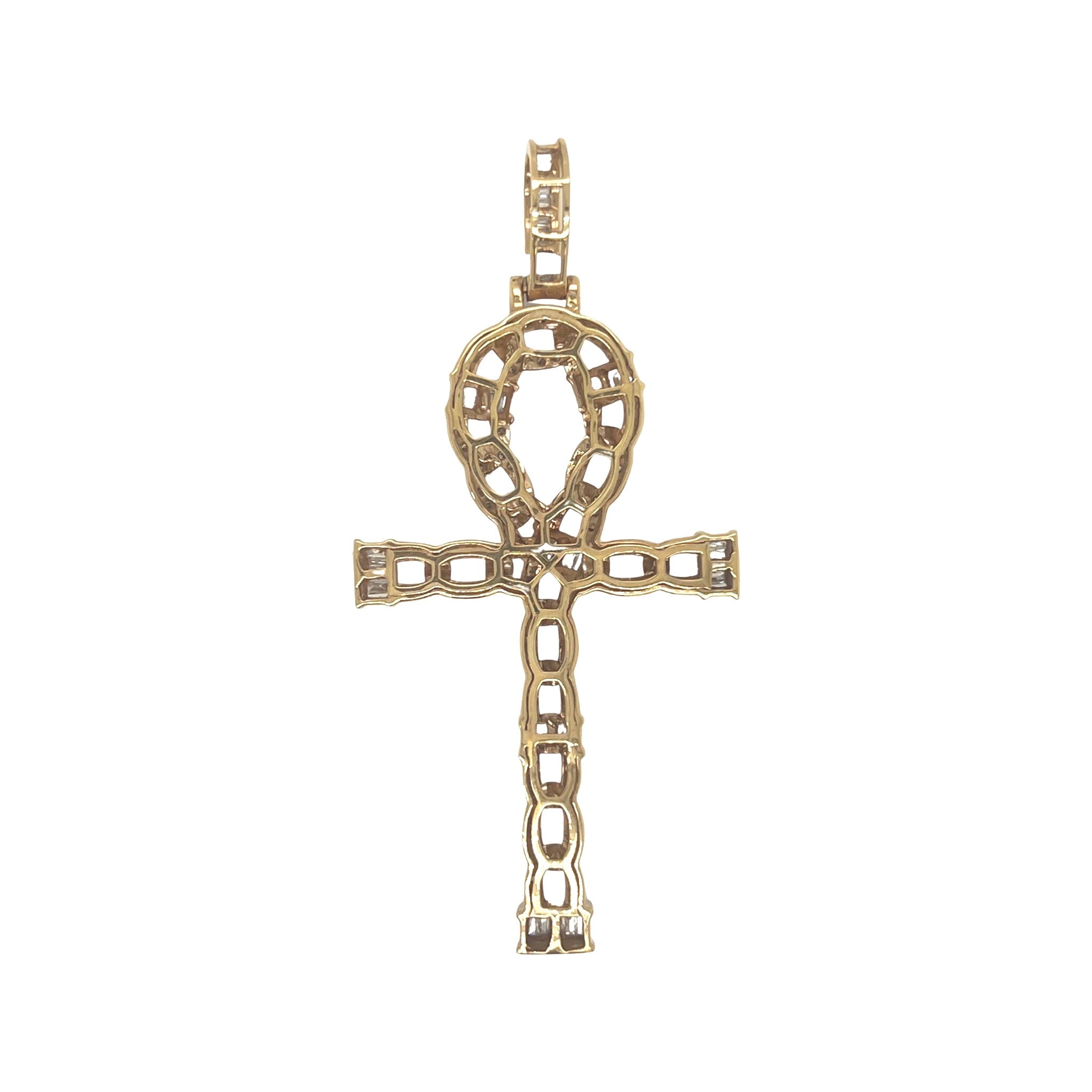 10K Yellow Gold Egyptian Ankh Baguette Diamond Cross Pendant 2.0 CT 2.6"