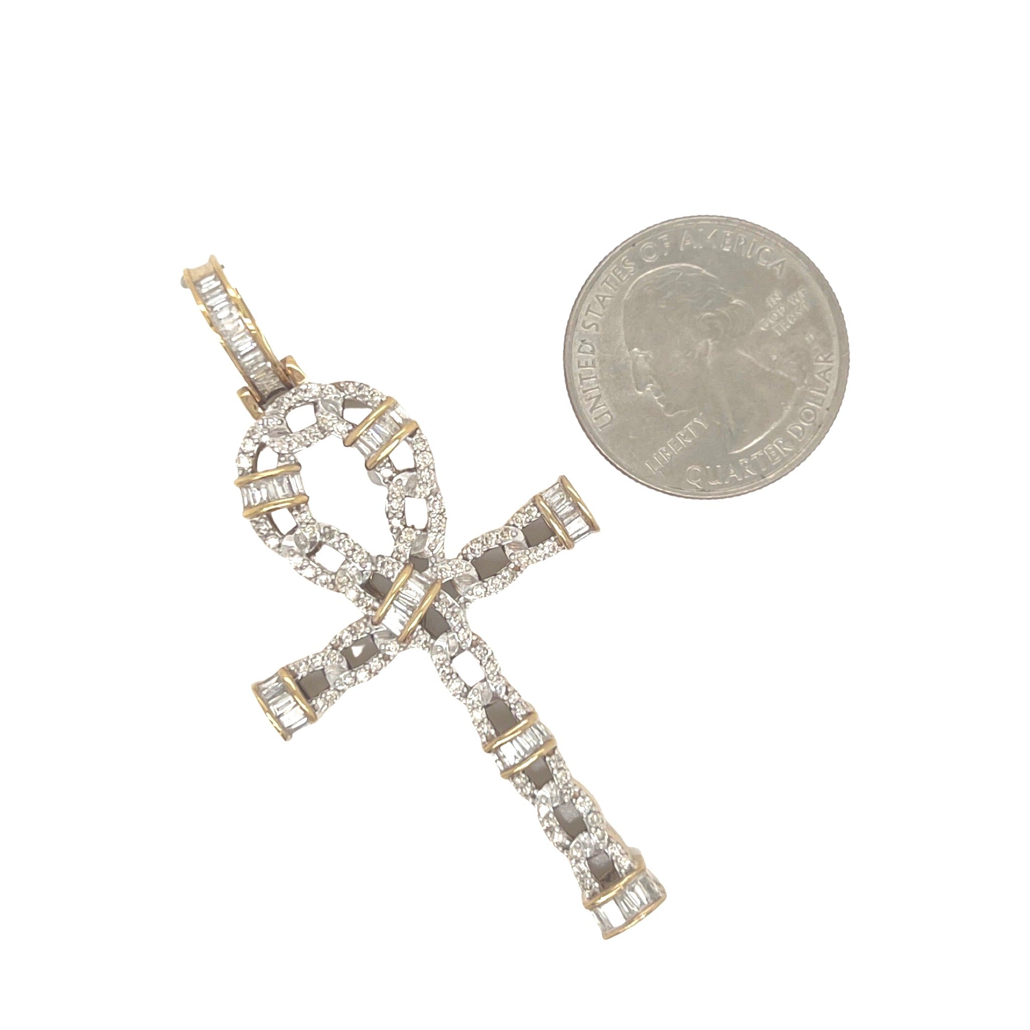 10K Yellow Gold Egyptian Ankh Baguette Diamond Cross Pendant 2.0 CT 2.6"
