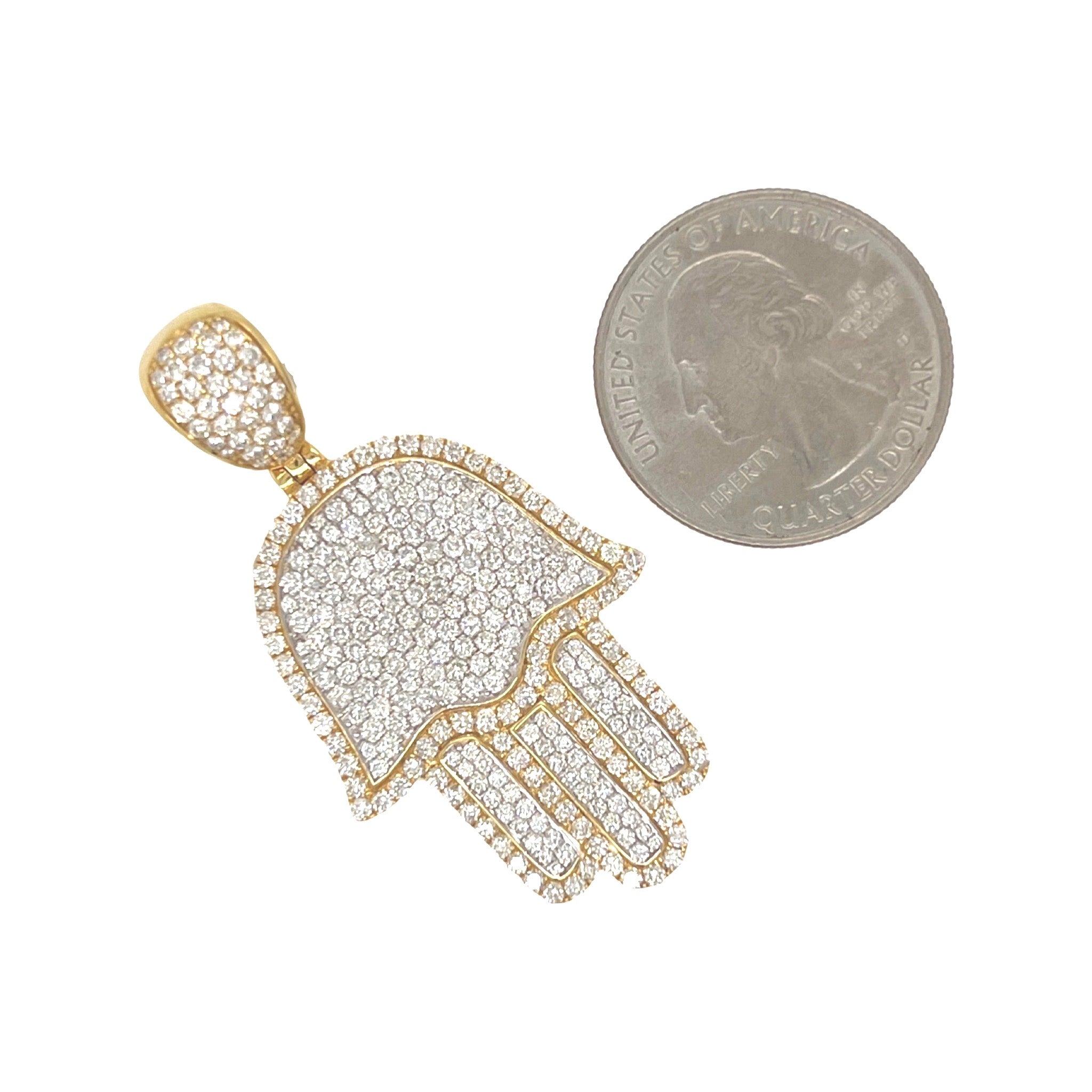 10K Yellow Gold Hamsa VS Diamond Pendant 3.5 CT 1.8"