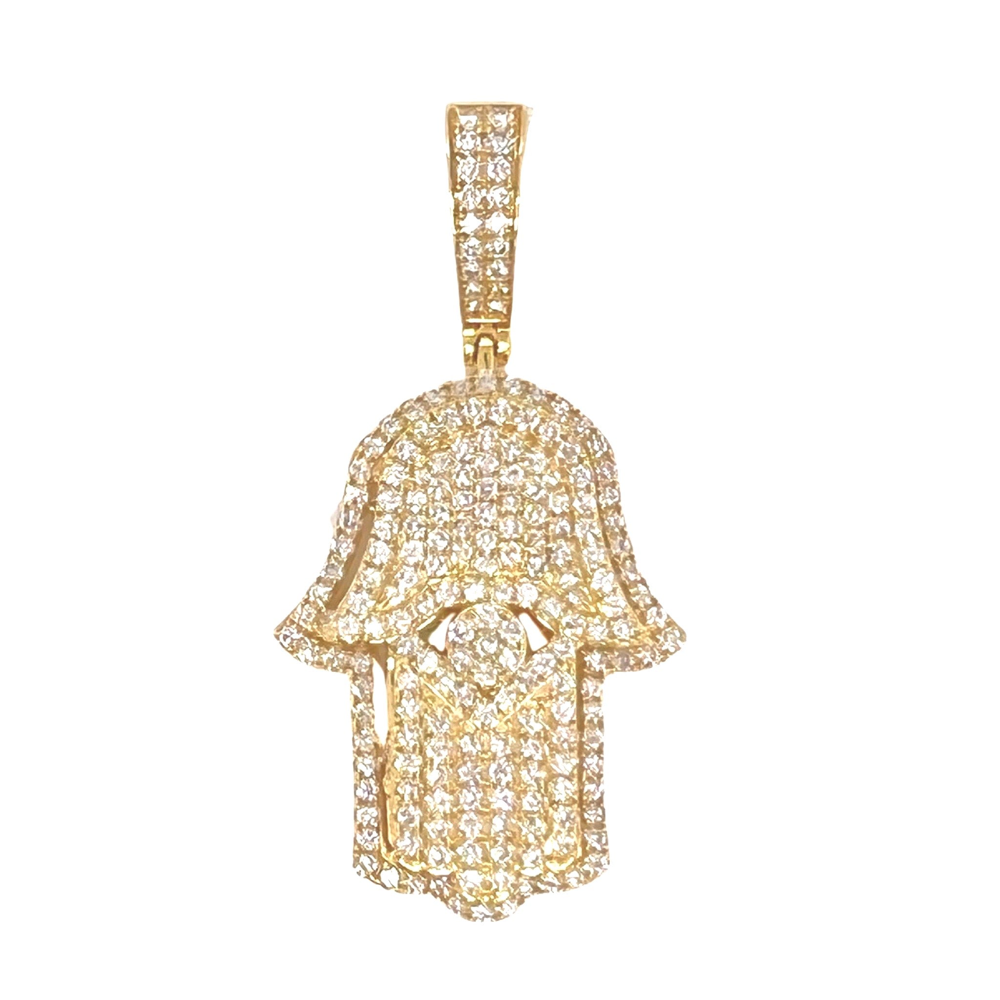 10K Yellow Gold Double Layer 3D Hamsa VS Diamond Pendant 2.7 CT 1.9"