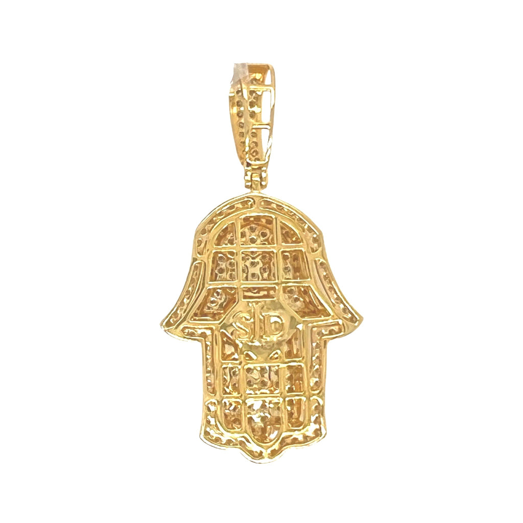 10K Yellow Gold Double Layer 3D Hamsa VS Diamond Pendant 2.7 CT 1.9"