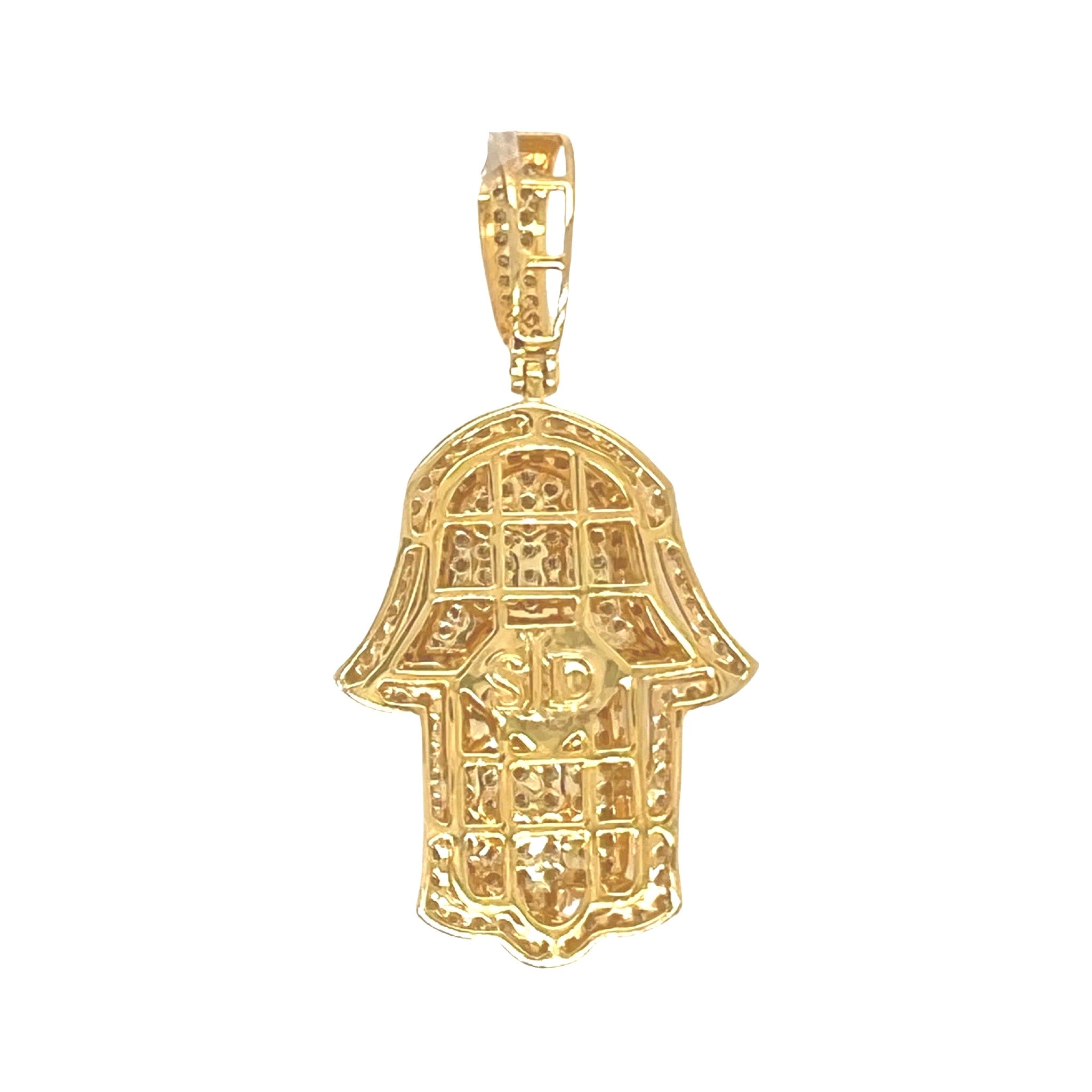 10K Yellow Gold Double Layer 3D Hamsa VS Diamond Pendant 2.7 CT 1.9"
