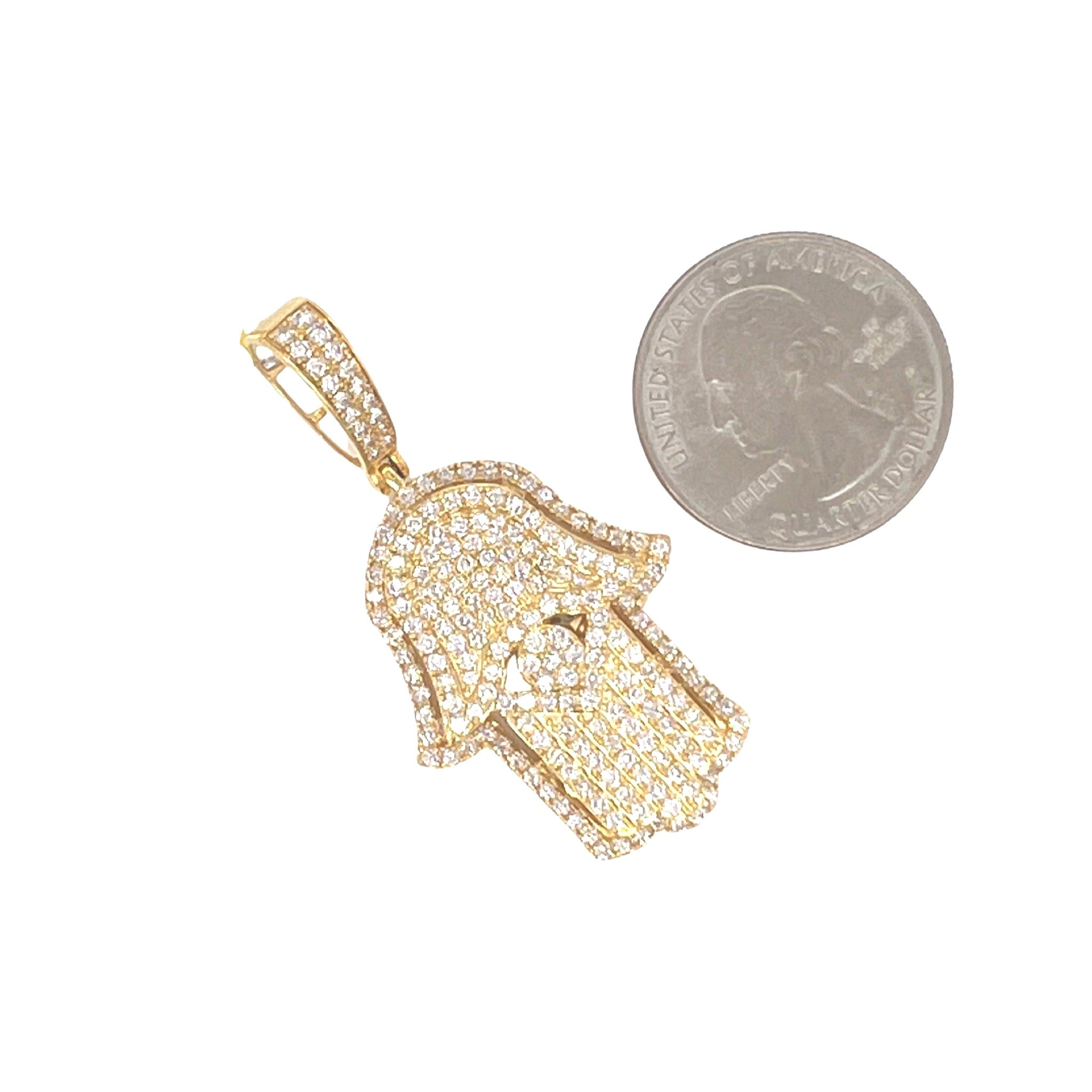 10K Yellow Gold Double Layer 3D Hamsa VS Diamond Pendant 2.7 CT 1.9"
