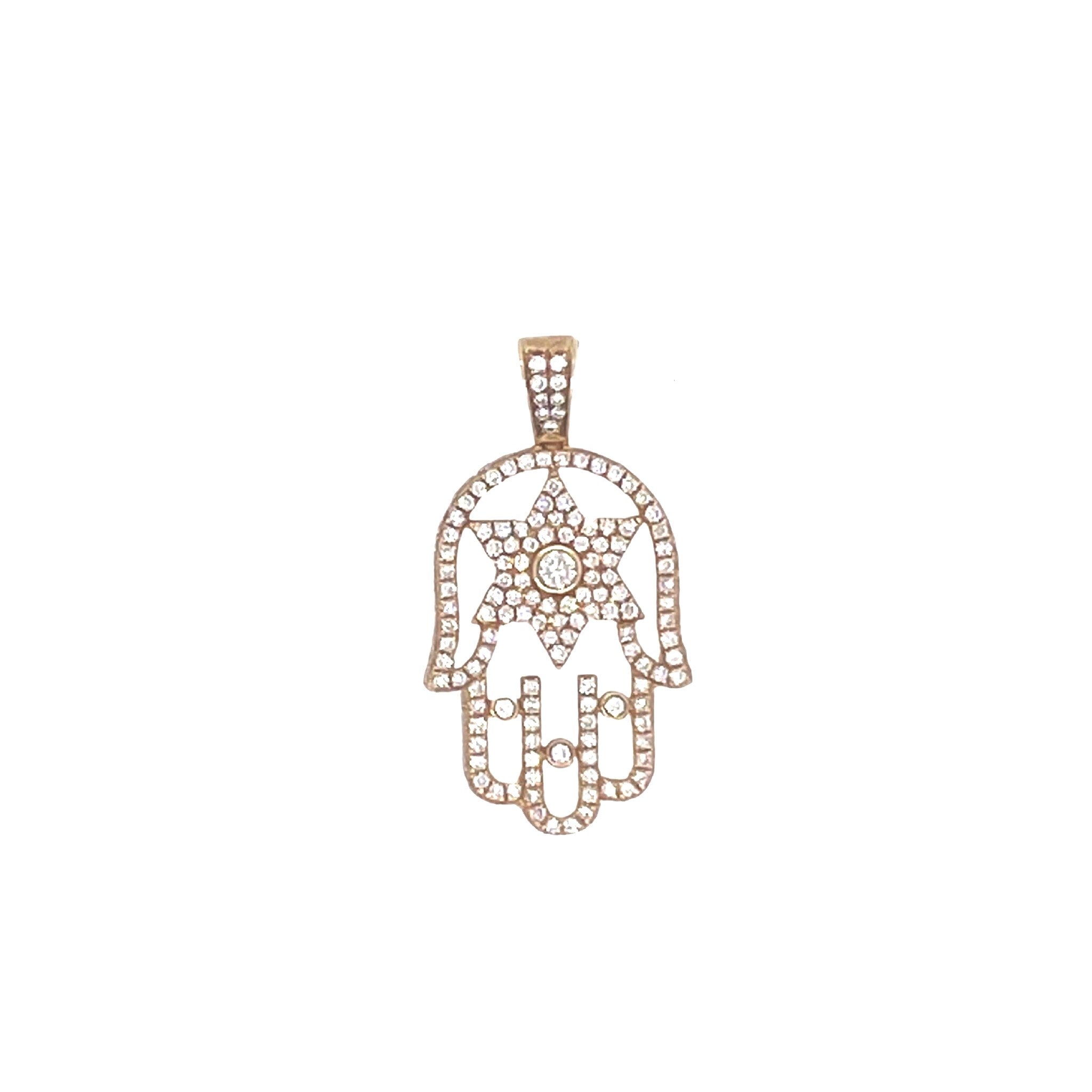 14K Yellow Gold 3D Hamsa Star of David Diamond Pendant 1.54 CT 1.6"