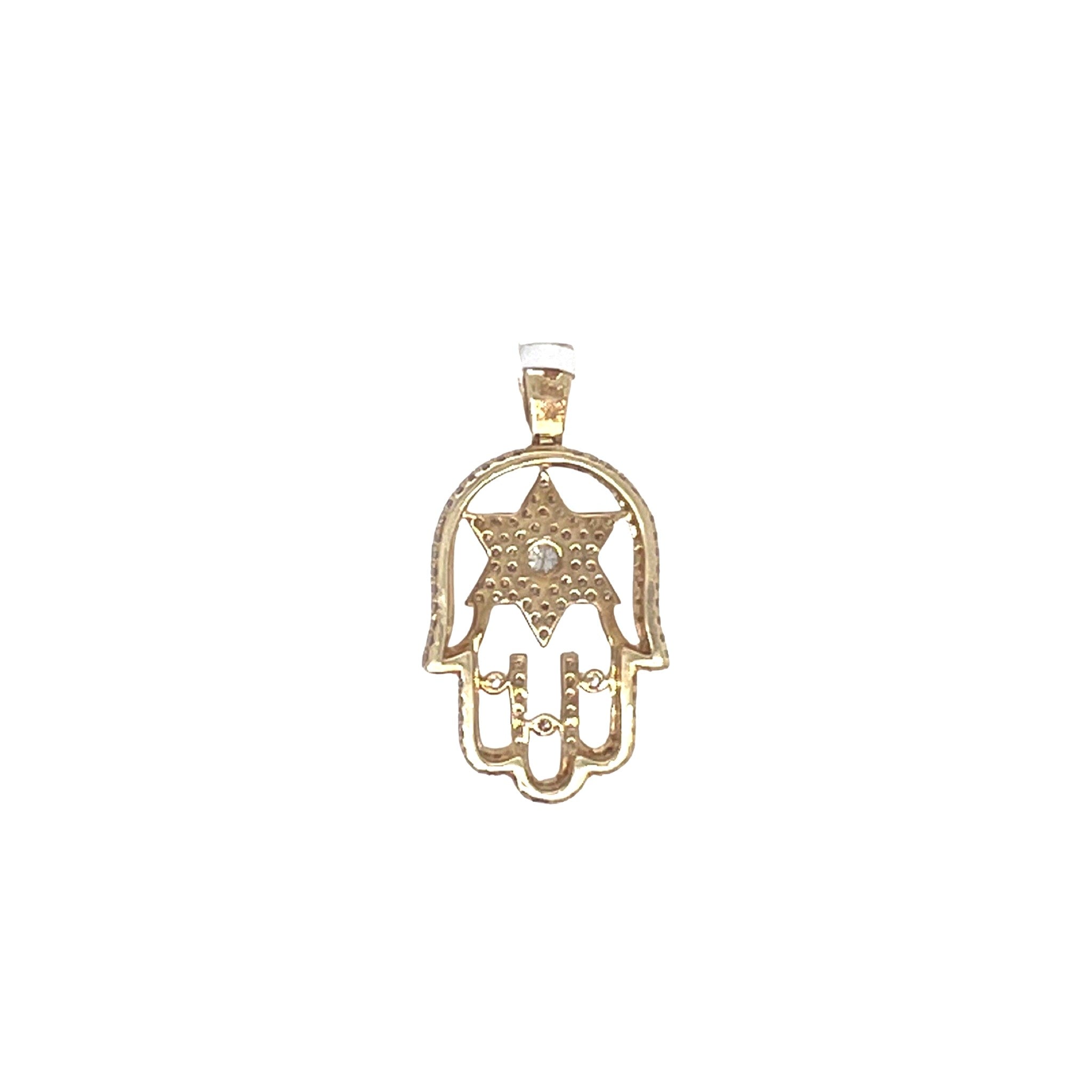 14K Yellow Gold 3D Hamsa Star of David Diamond Pendant 1.54 CT 1.6"