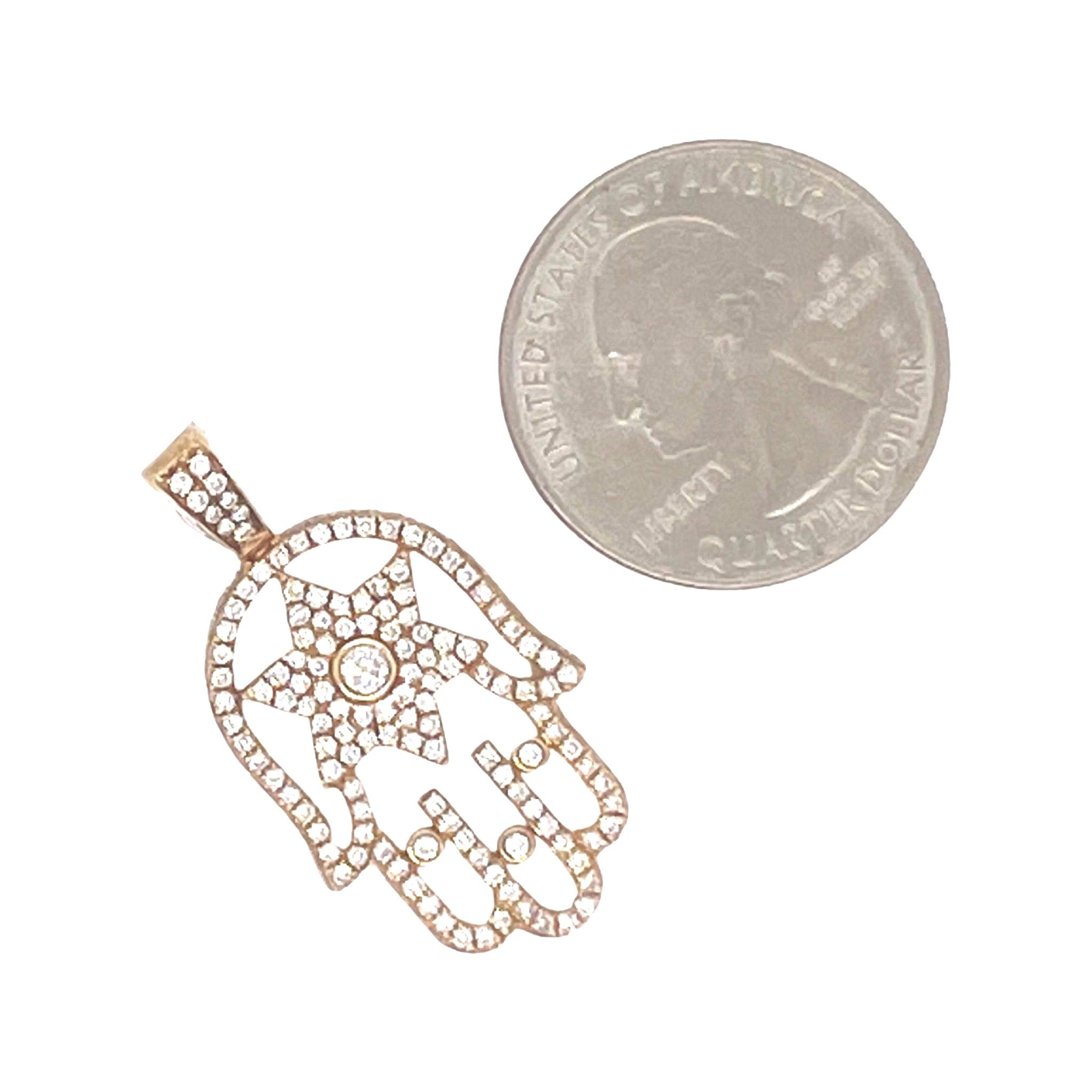 14K Yellow Gold 3D Hamsa Star of David Diamond Pendant 1.54 CT 1.6"