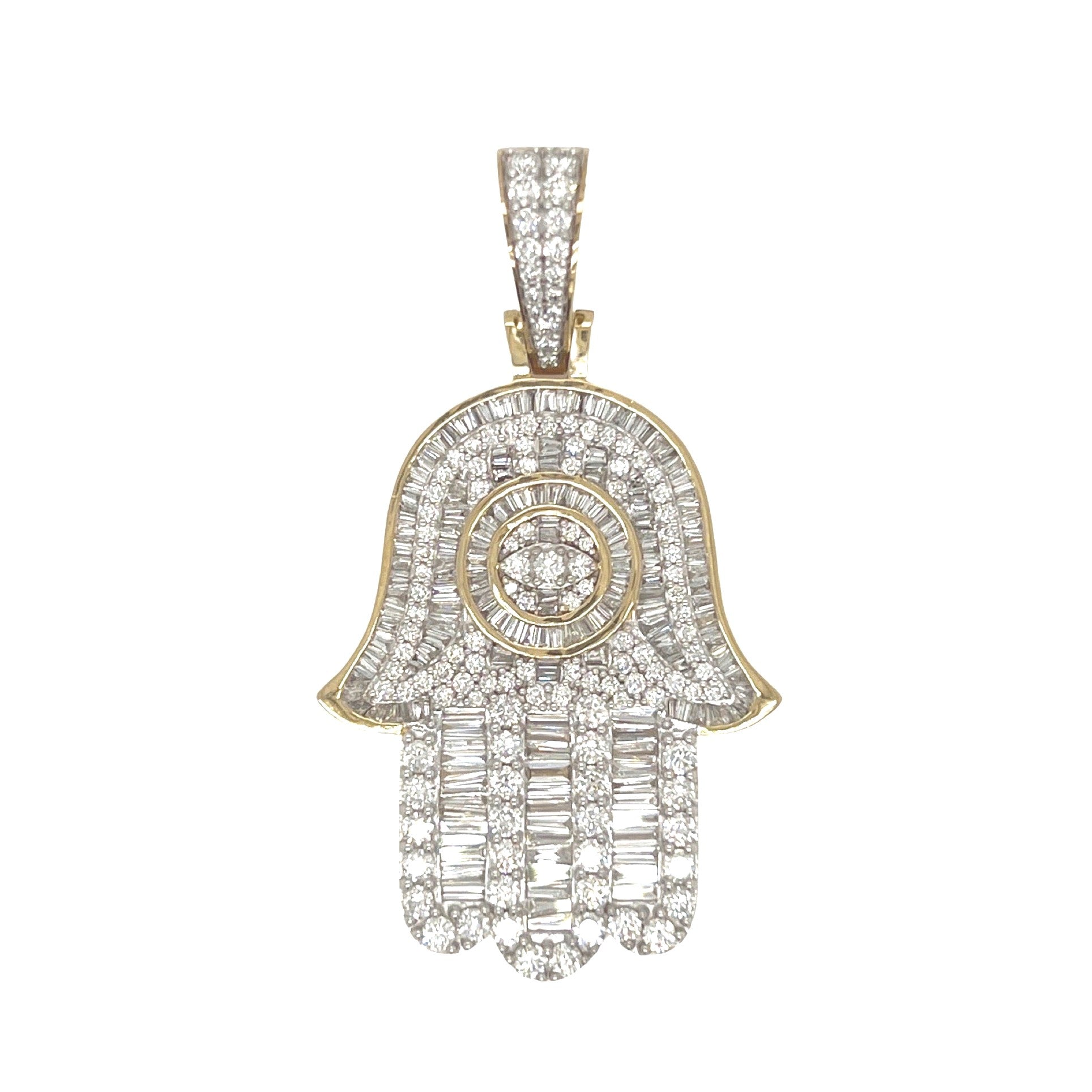 10K Yellow Gold Hamsa Evil Eye Baguette Diamond Pendant 4.73 CT 2.2"