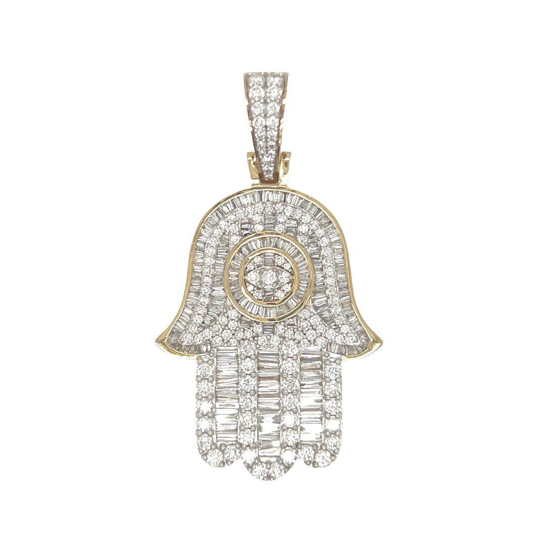 10K Yellow Gold Hamsa Evil Eye Baguette Diamond Pendant 4.73 CT 2.2