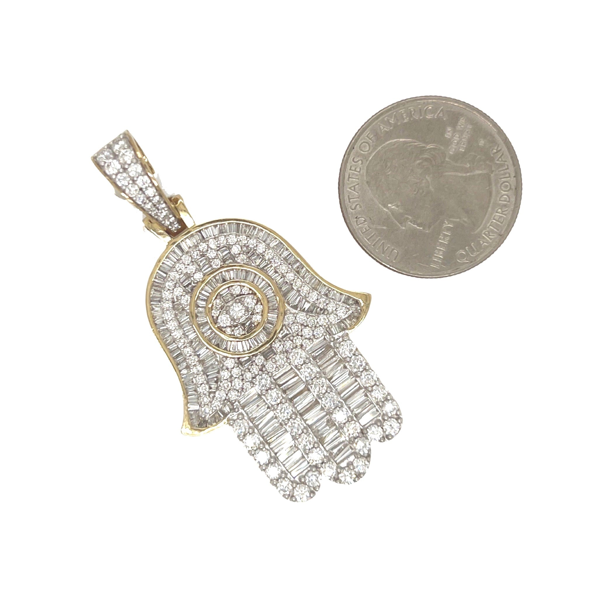 10K Yellow Gold Hamsa Evil Eye Baguette Diamond Pendant 4.73 CT 2.2"
