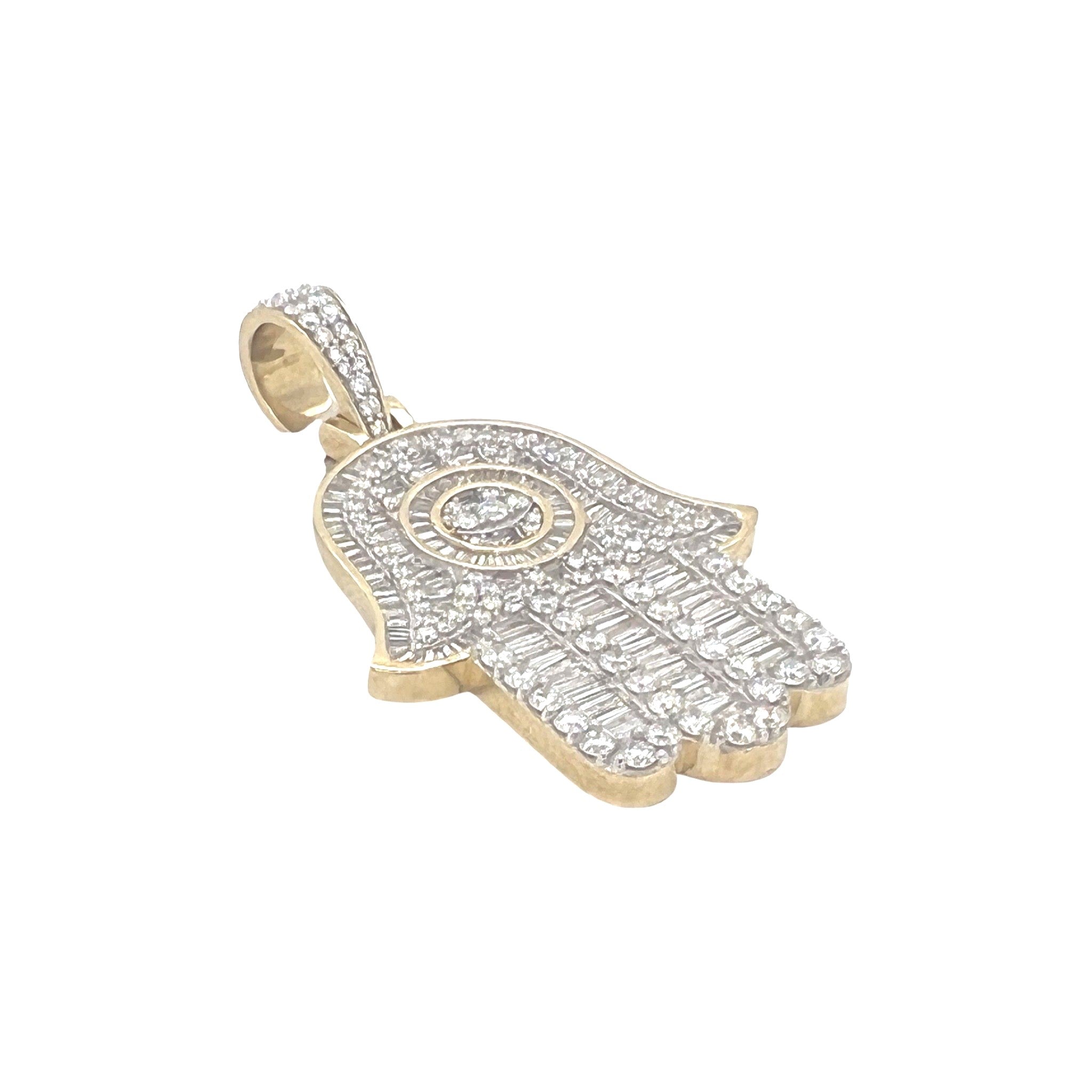 10K Yellow Gold Hamsa Evil Eye Baguette Diamond Pendant 4.73 CT 2.2"