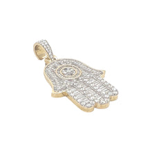 Load image into Gallery viewer, 10K Yellow Gold Hamsa Evil Eye Baguette Diamond Pendant 4.73 CT 2.2&quot;
