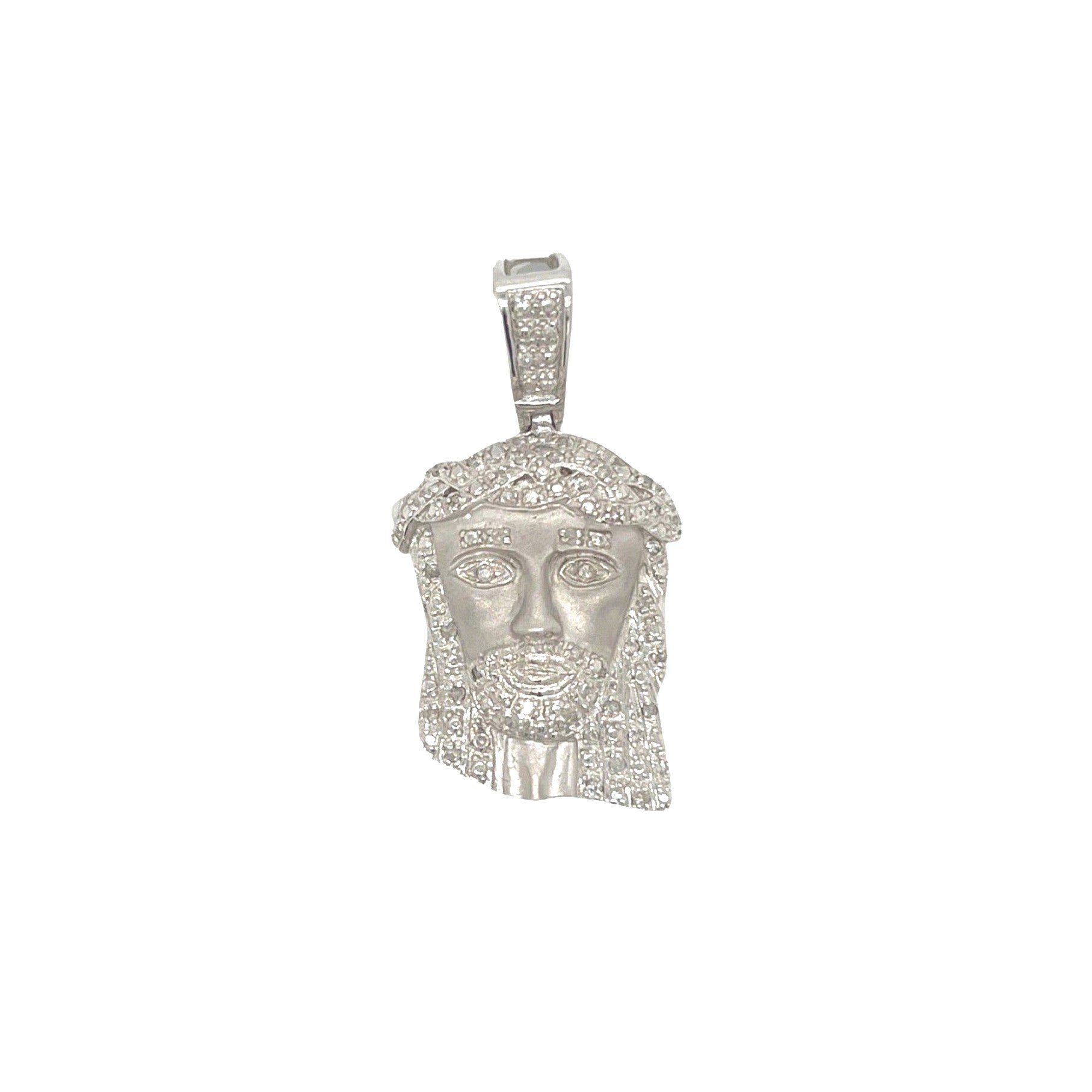 10K White Gold Matte Finish Jesus Head Diamond Pendant 0.31 CT 1.5"