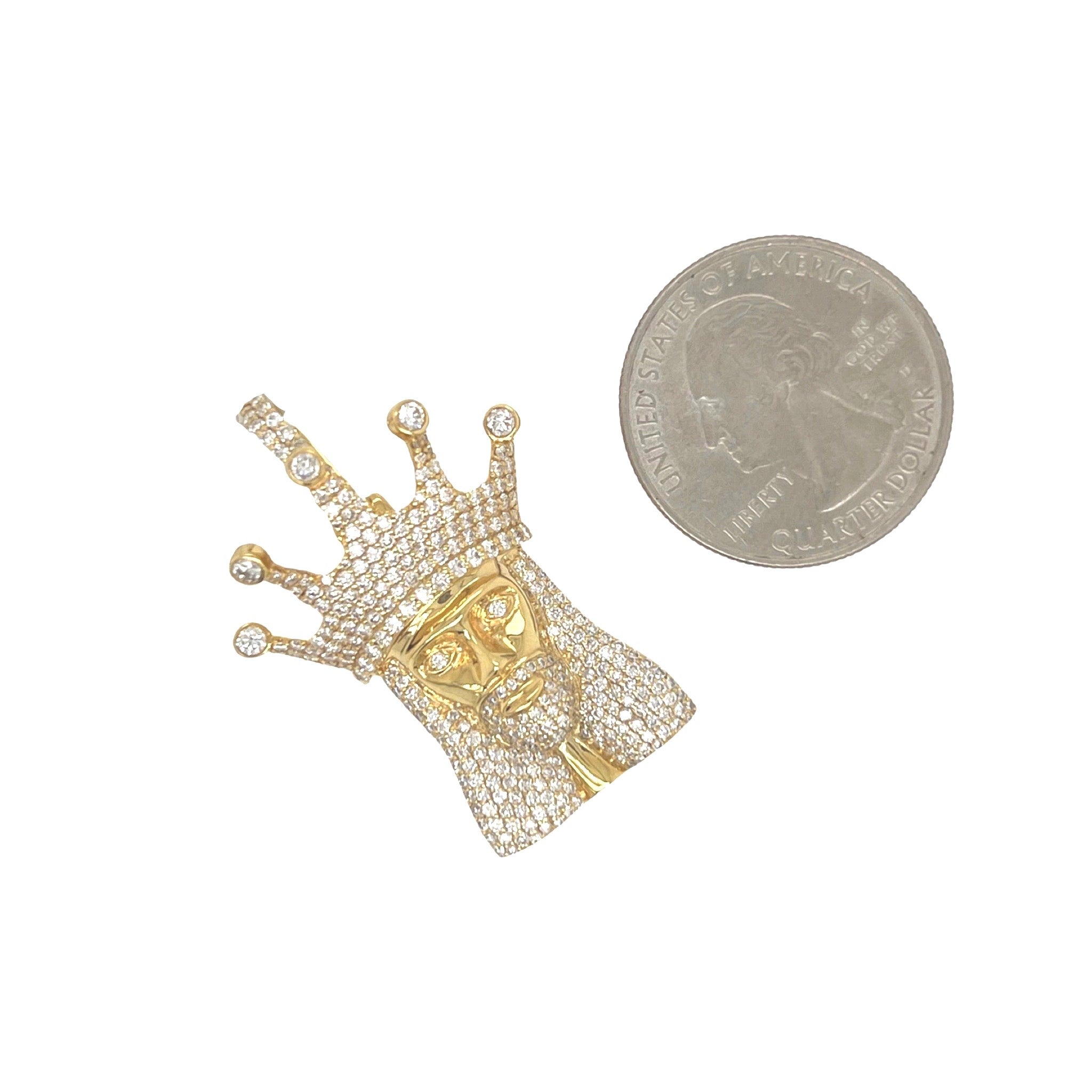10K Yellow Gold Crown Jesus Head VS Diamond Pendant 2.0 CT 1.5"