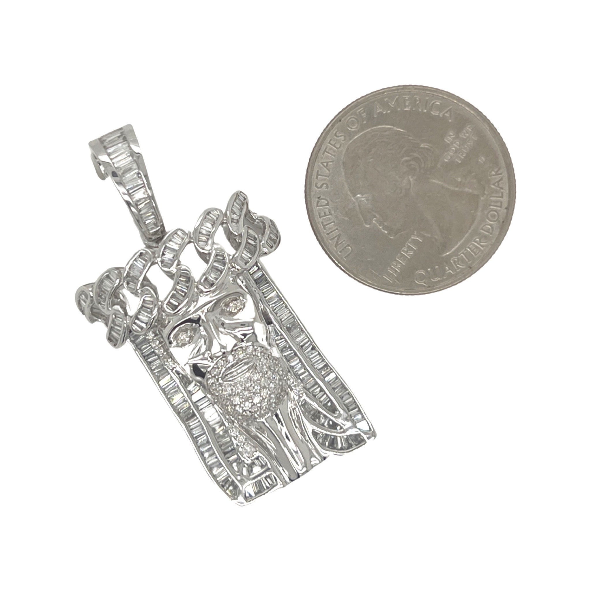 10K White Gold Cuban Crown Jesus Head Baguette Diamond Pendant 1.9 CT 1.75"