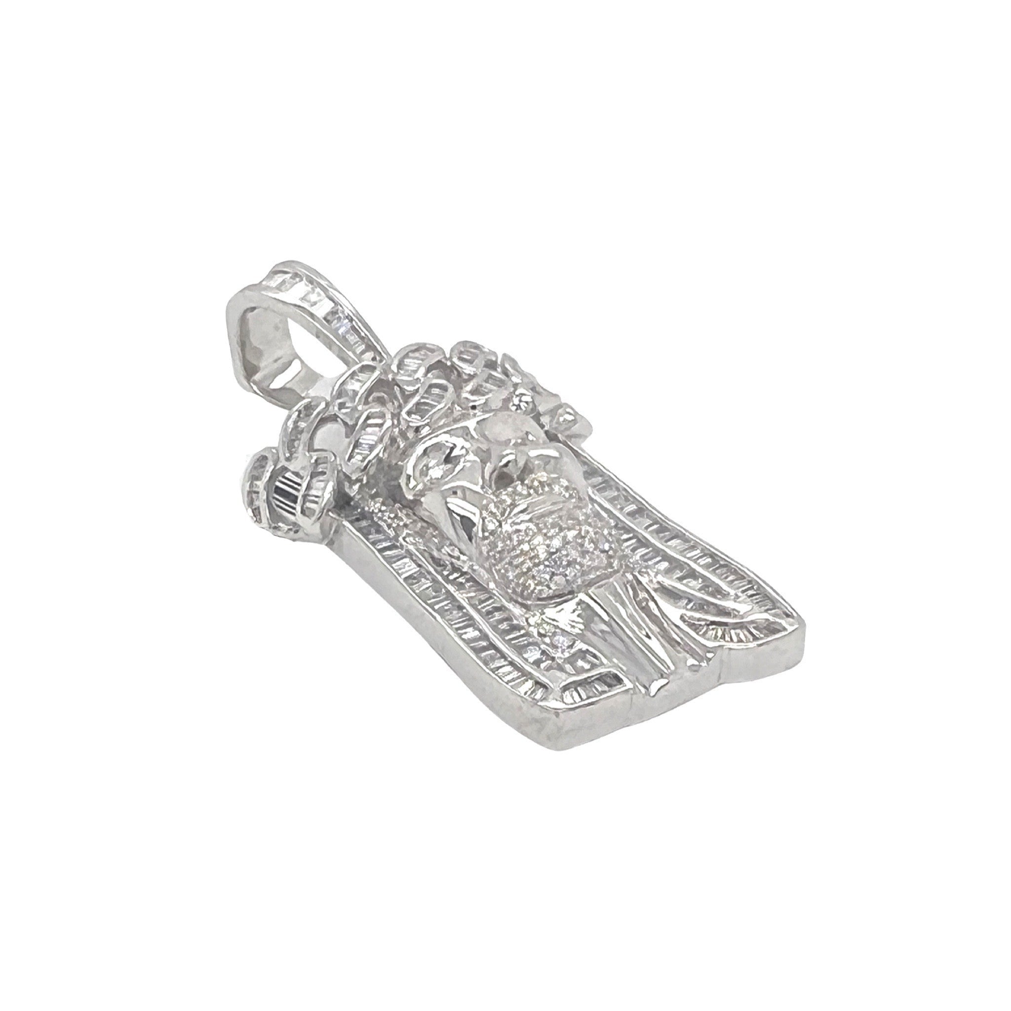10K White Gold Cuban Crown Jesus Head Baguette Diamond Pendant 1.9 CT 1.75"