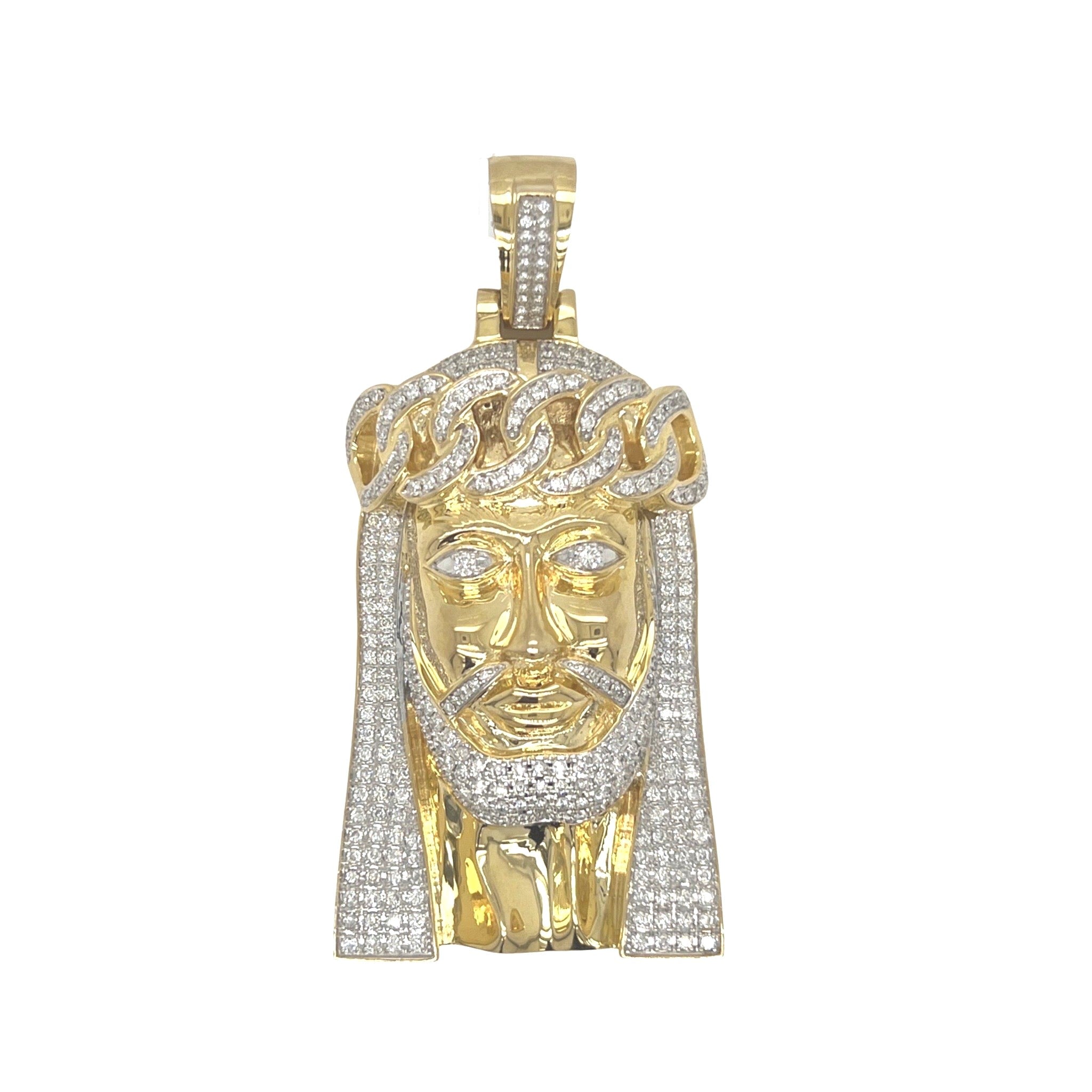10K Yellow Gold Cuban Crown Jesus Head Diamond Pendant 2.03 CT 2.5"