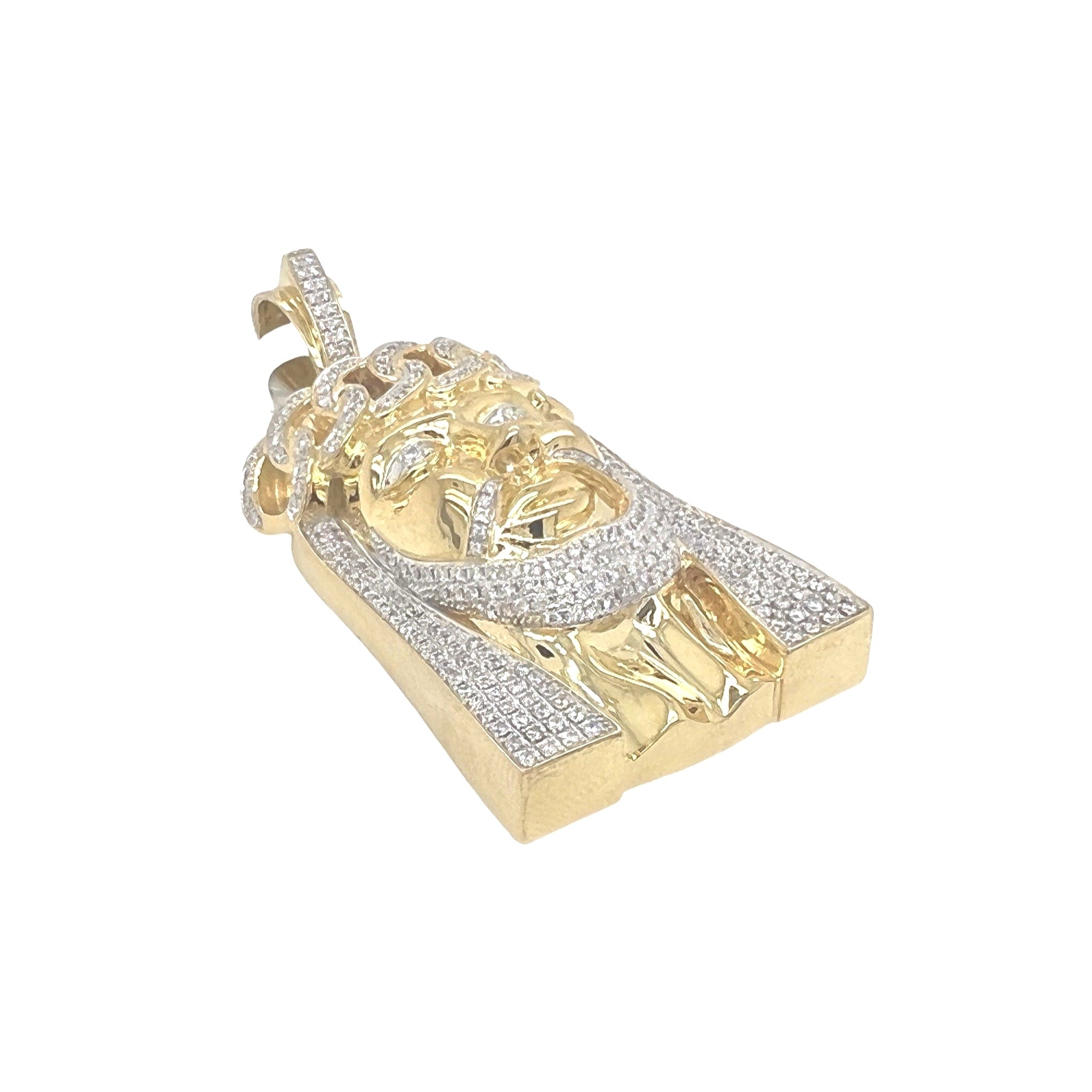 10K Yellow Gold Cuban Crown Jesus Head Diamond Pendant 2.03 CT 2.5"