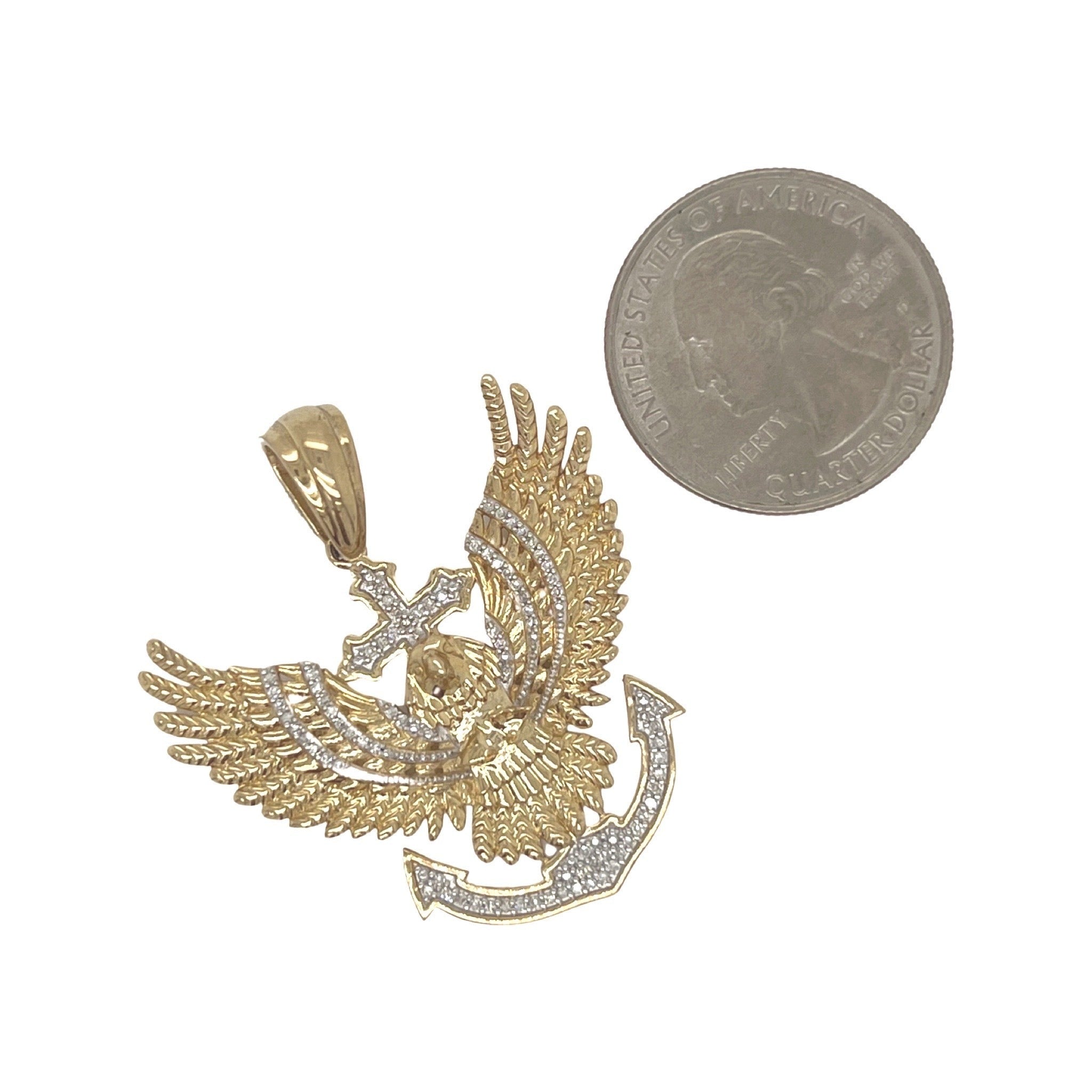 10K Yellow Gold Eagle Anchor Diamond Pendant 0.20 CT 1.6"
