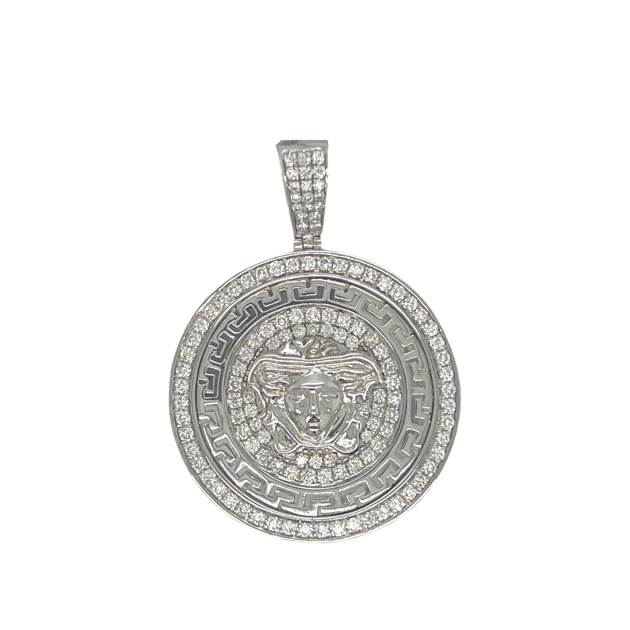 10K White Gold Designer Medusa Head Medallion Diamond Pendant 1.75 CT 1.75"