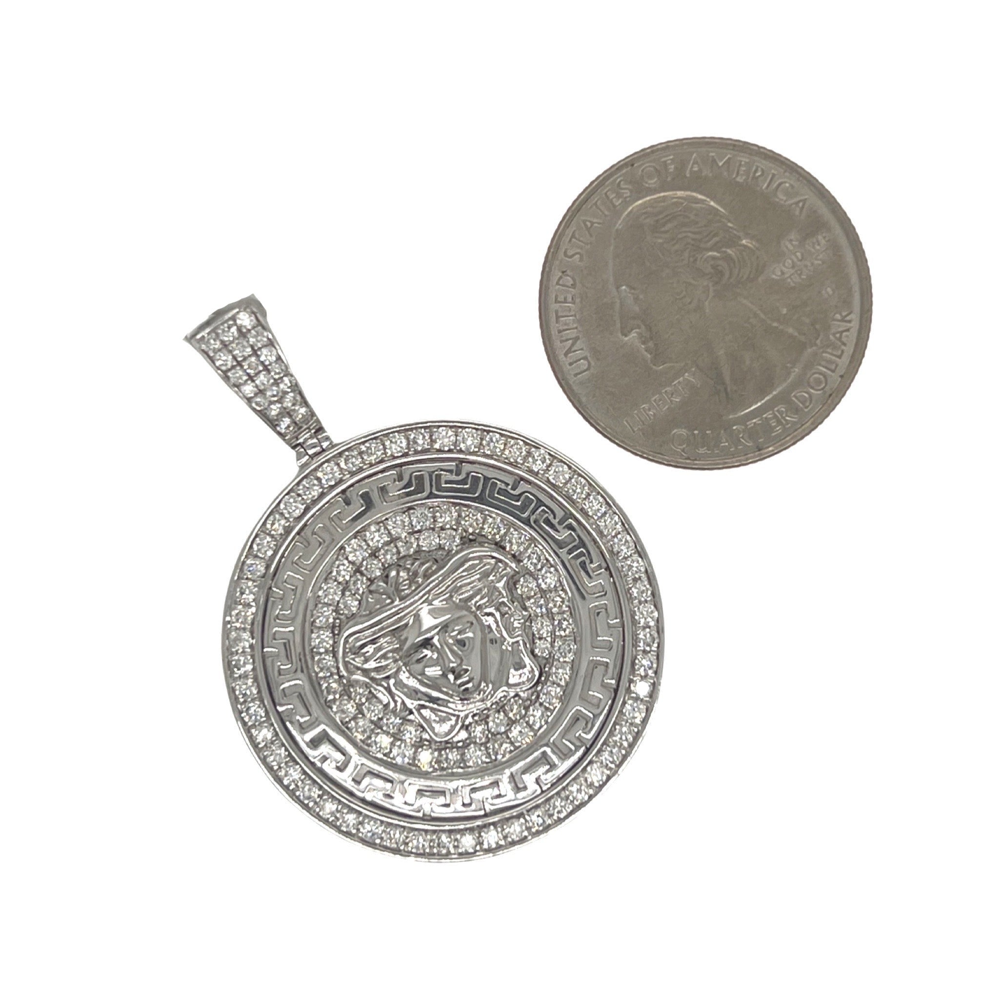 10K White Gold Designer Medusa Head Medallion Diamond Pendant 1.75 CT 1.75"