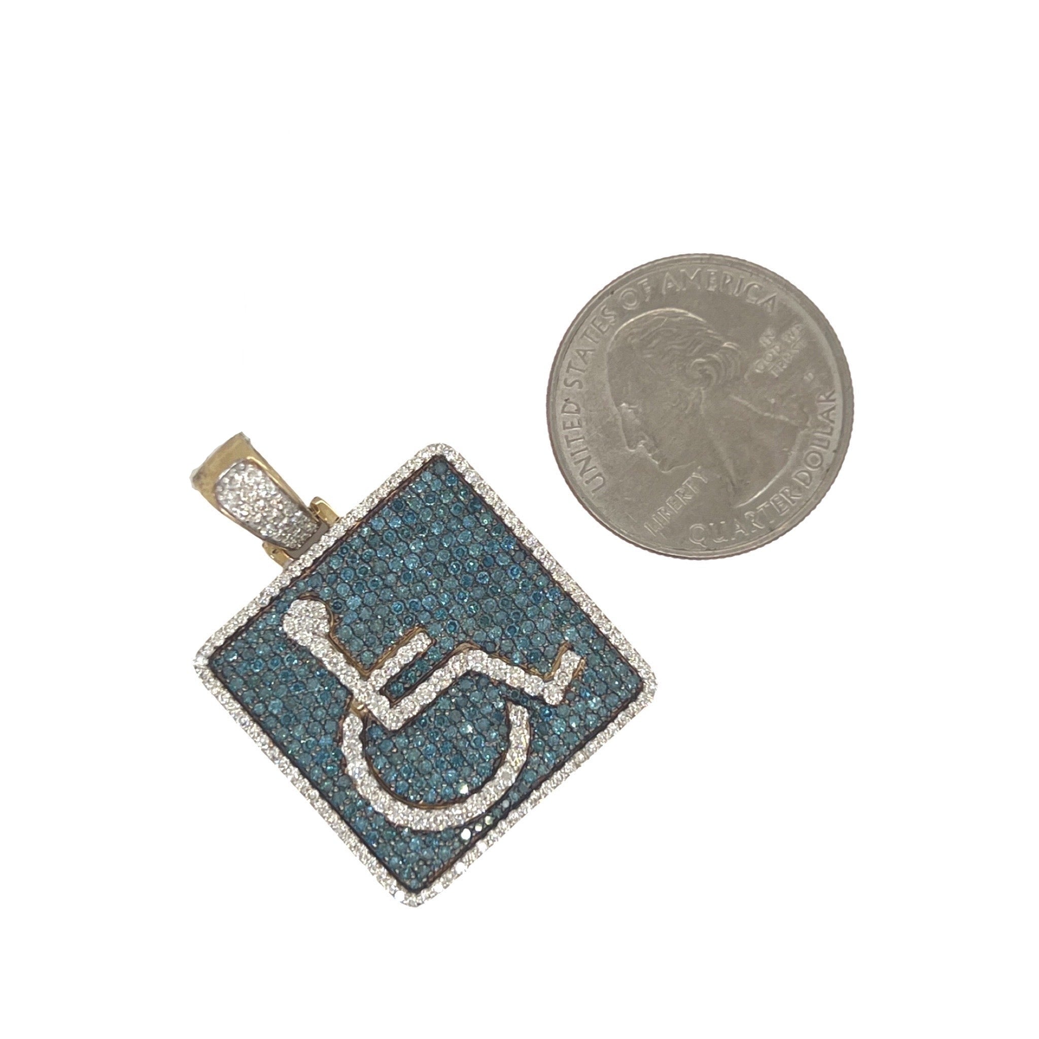 10K Yellow Gold Handicap Sign Blue & White Diamond Pendant 3.6 CT 1.5"