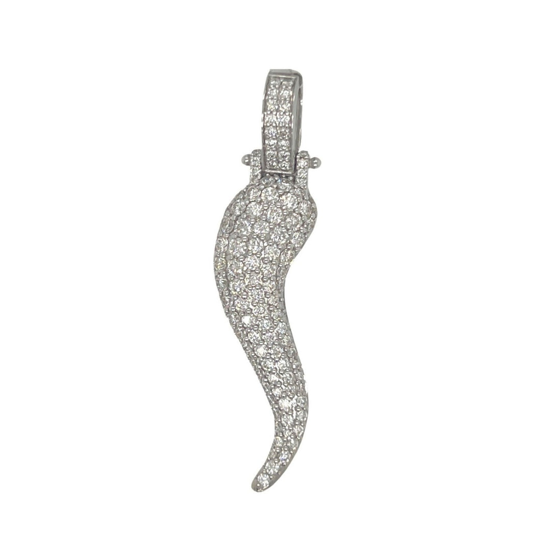 14K White Gold Italian Horn Amulet Diamond Pendant 1.89 CT 2