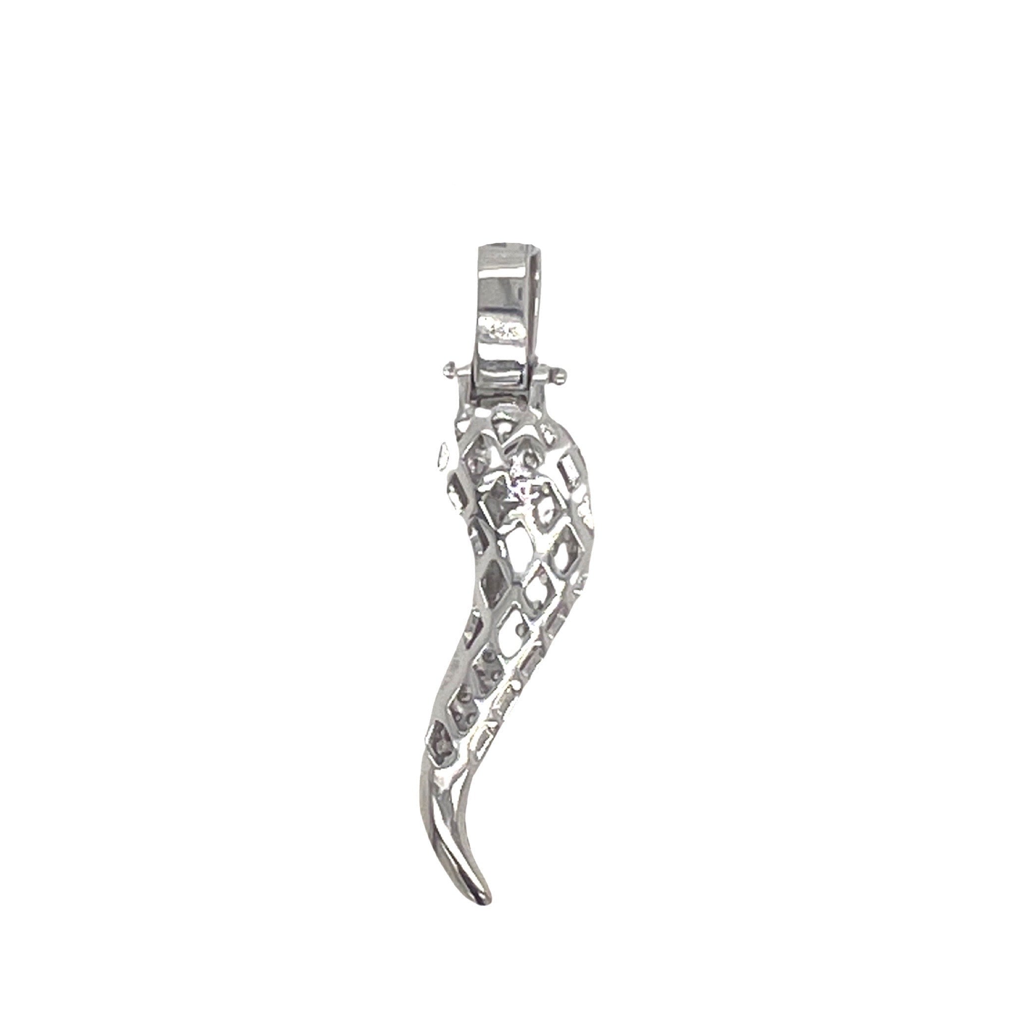 14K White Gold Italian Horn Amulet Diamond Pendant 1.89 CT 2"