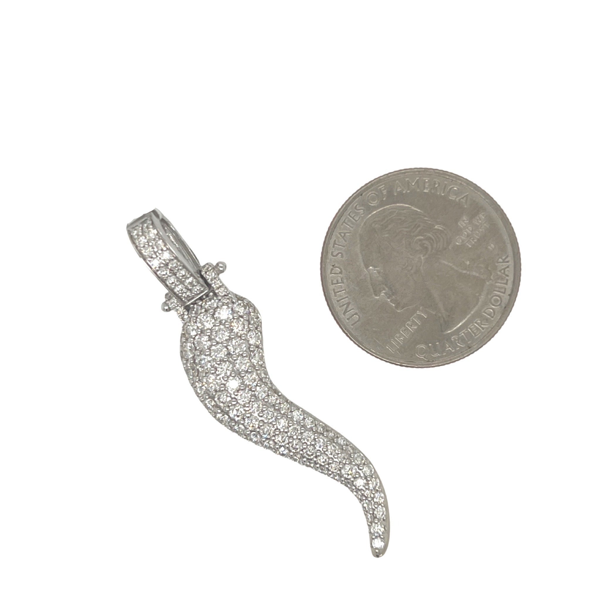 14K White Gold Italian Horn Amulet Diamond Pendant 1.89 CT 2"