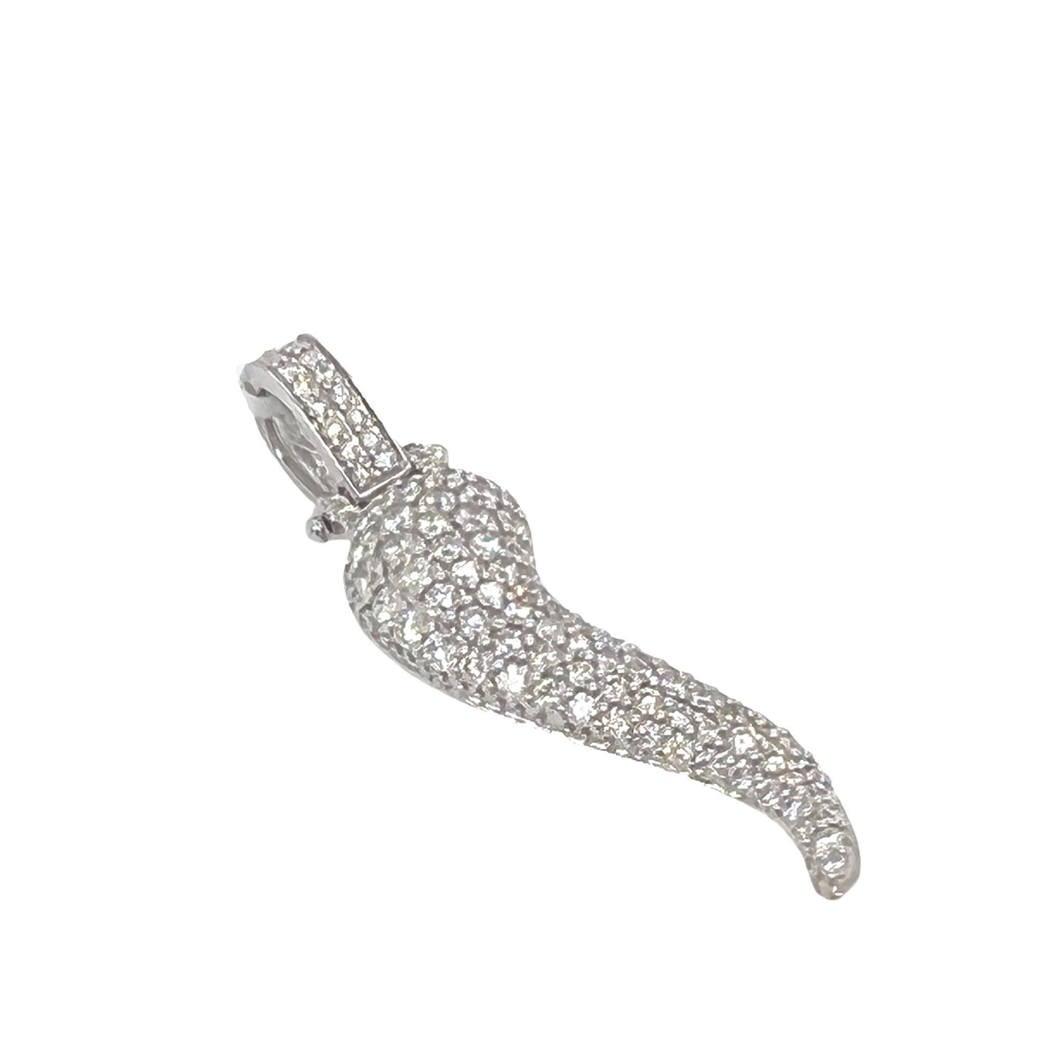14K White Gold Italian Horn Amulet Diamond Pendant 1.89 CT 2"