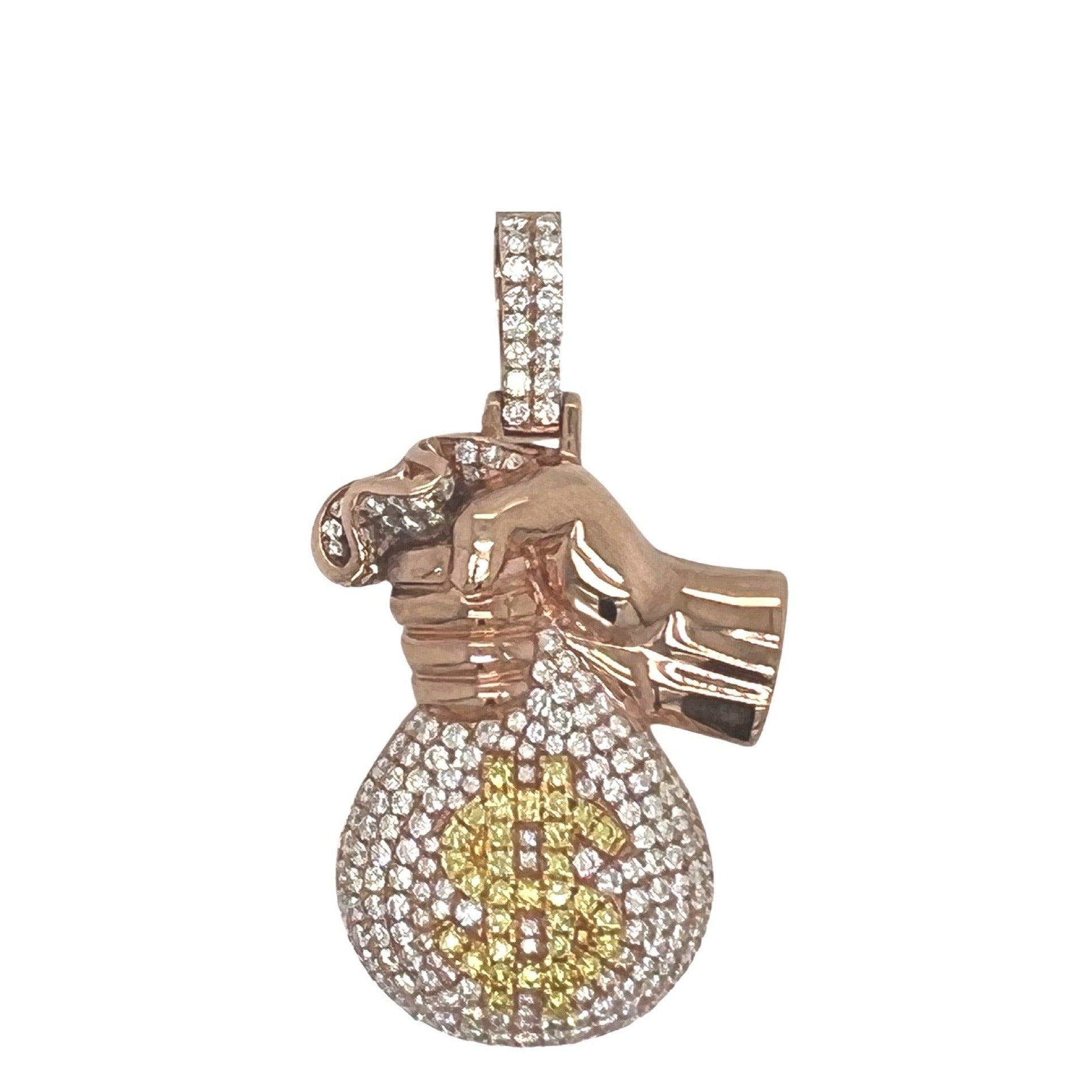 10K Rose Gold Moneybag in Hand VS Diamond Pendant 3.42 CT 2"