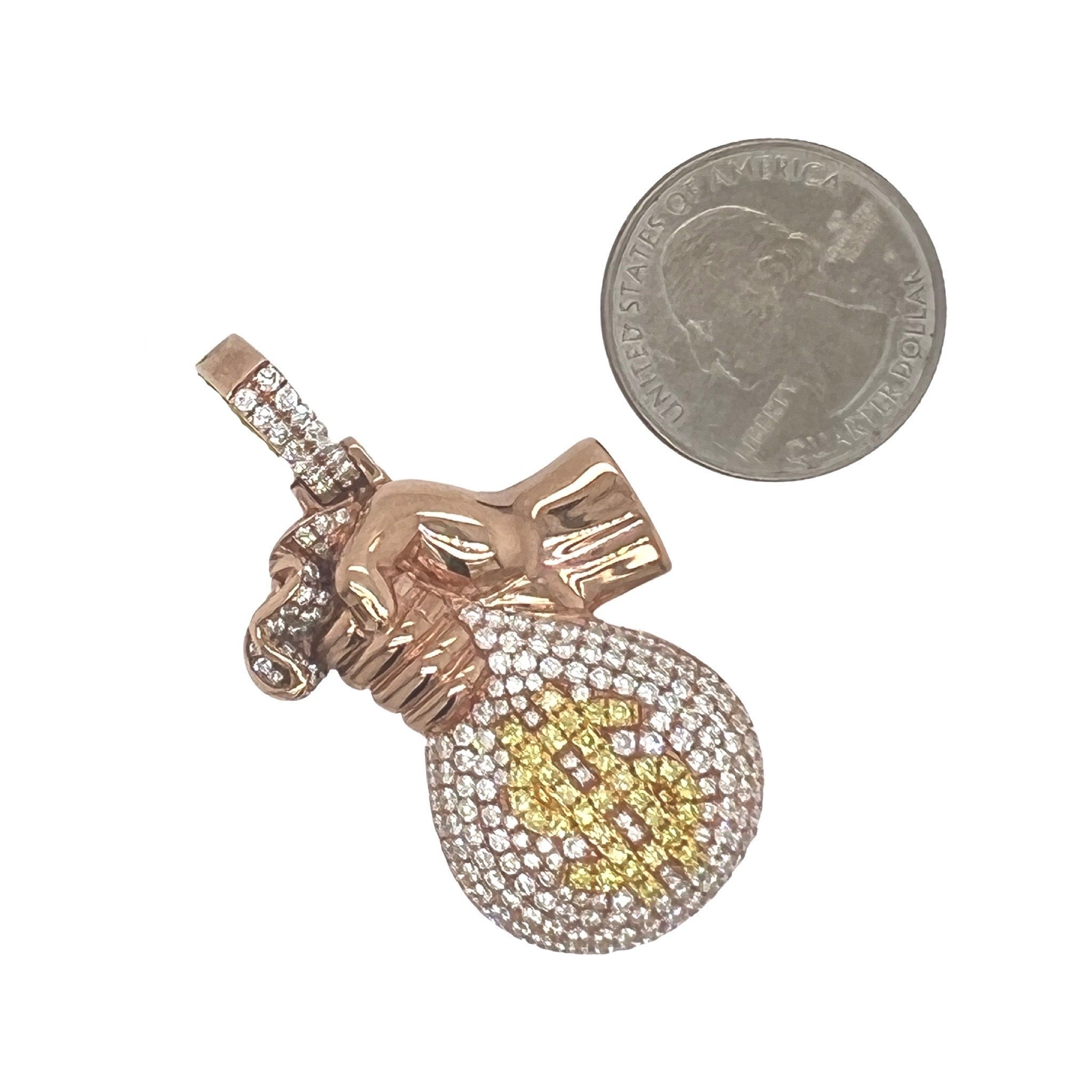 10K Rose Gold Moneybag in Hand VS Diamond Pendant 3.42 CT 2"