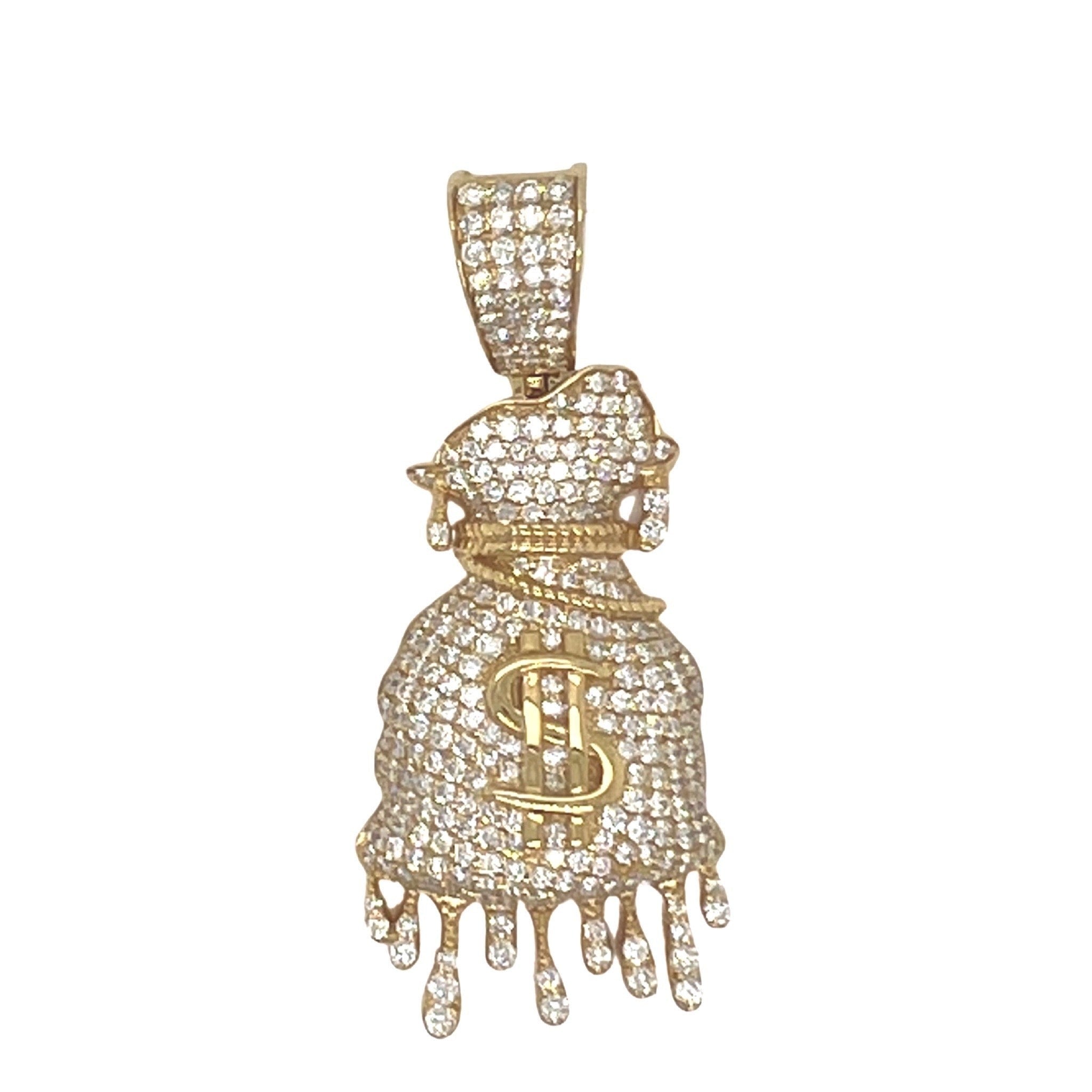 10K Yellow Gold Dripping Moneybag VS Diamond Pendant 3.75 CT 2"