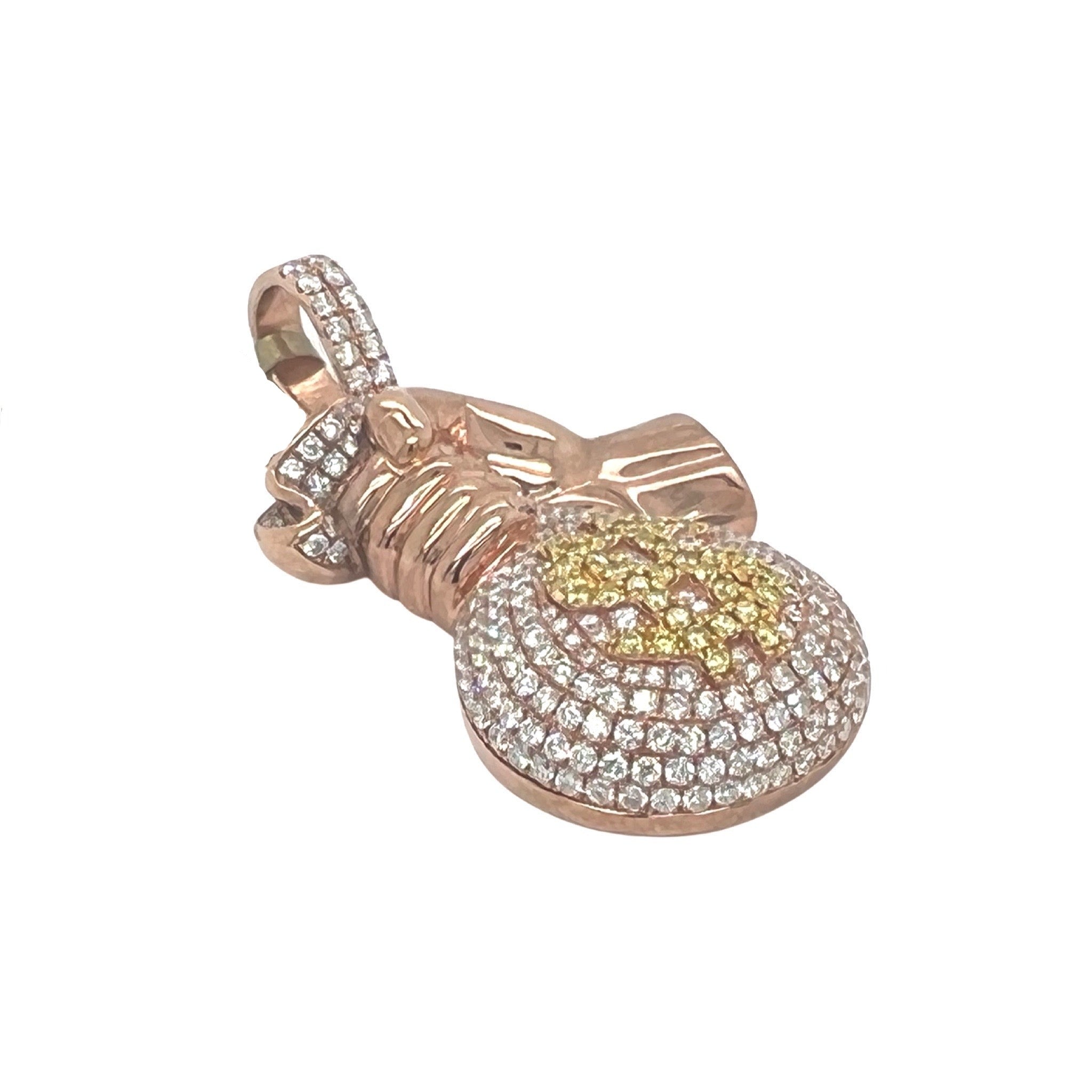 10K Rose Gold Moneybag in Hand VS Diamond Pendant 3.42 CT 2"