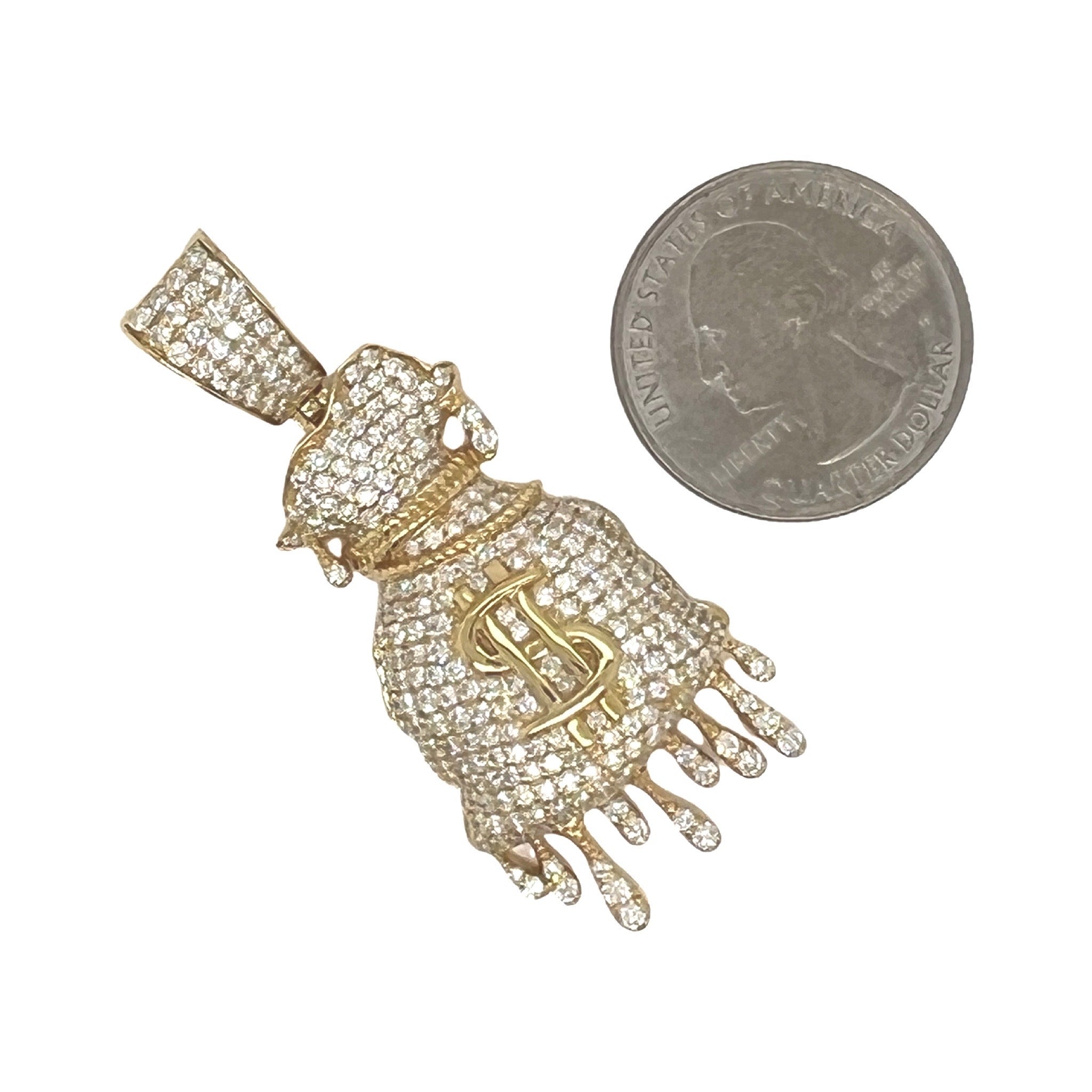 10K Yellow Gold Dripping Moneybag VS Diamond Pendant 3.75 CT 2"